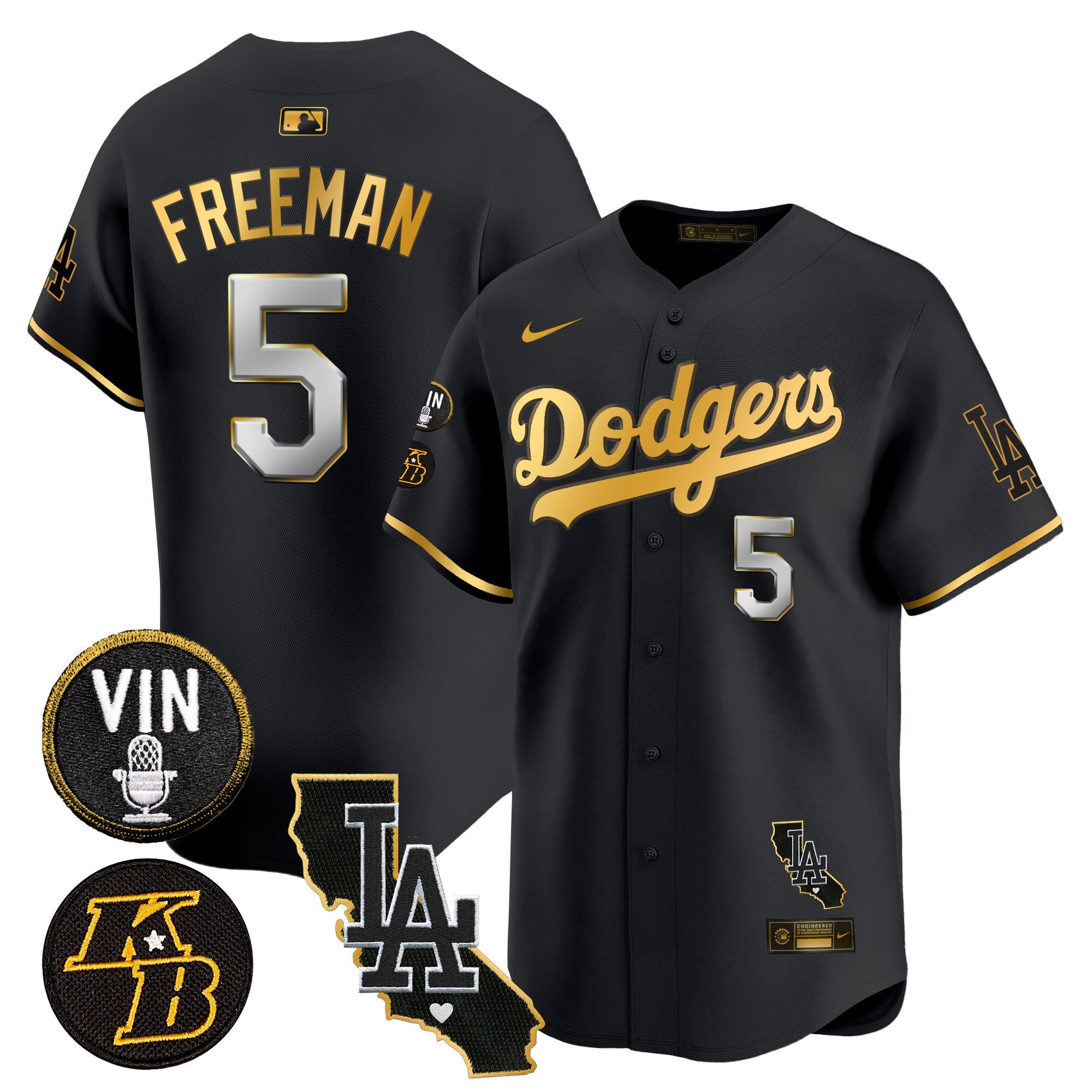 Men's Dodgers Vin & Kobe Patch Gold Trim Vapor Premier Limited Jersey V2 - All Stitched - Black Gold, Freddie Freeman