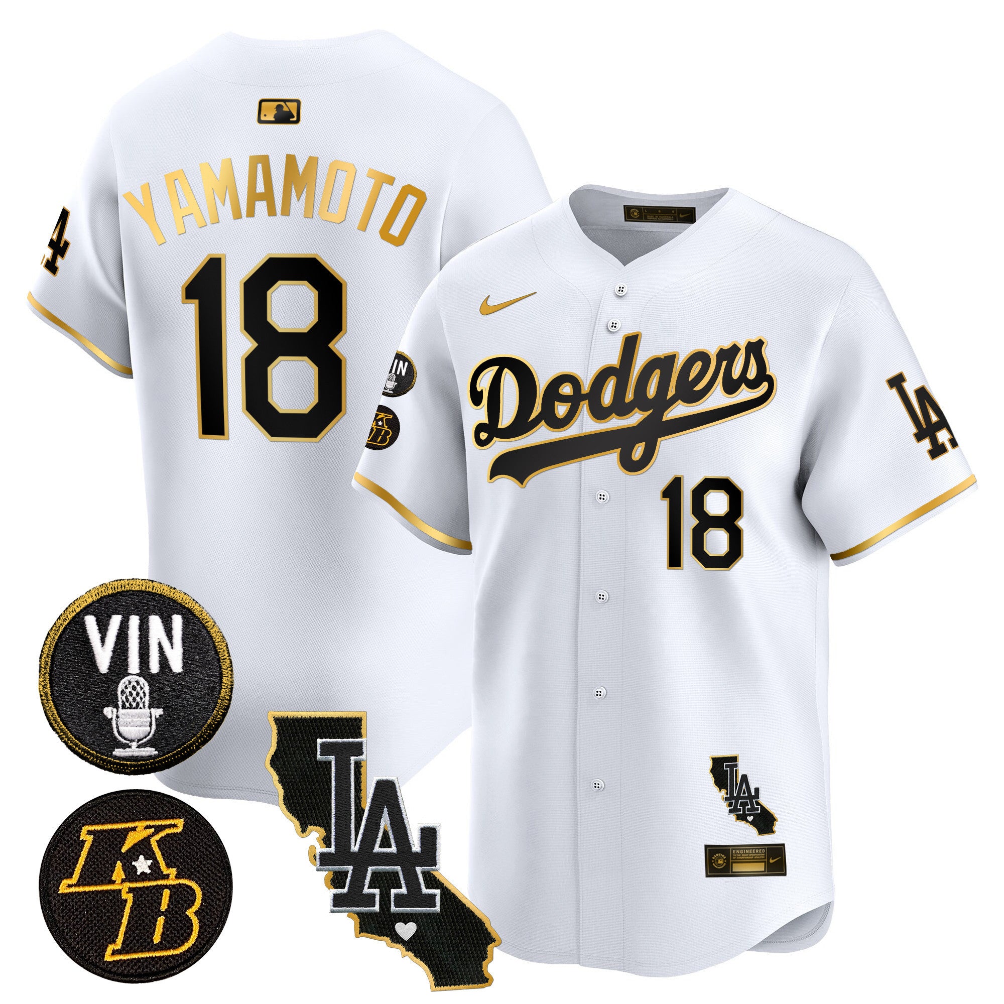 Men's Dodgers Vin & Kobe Patch Gold Trim Vapor Premier Limited Jersey V2 - All Stitched - White Gold, Yamamoto