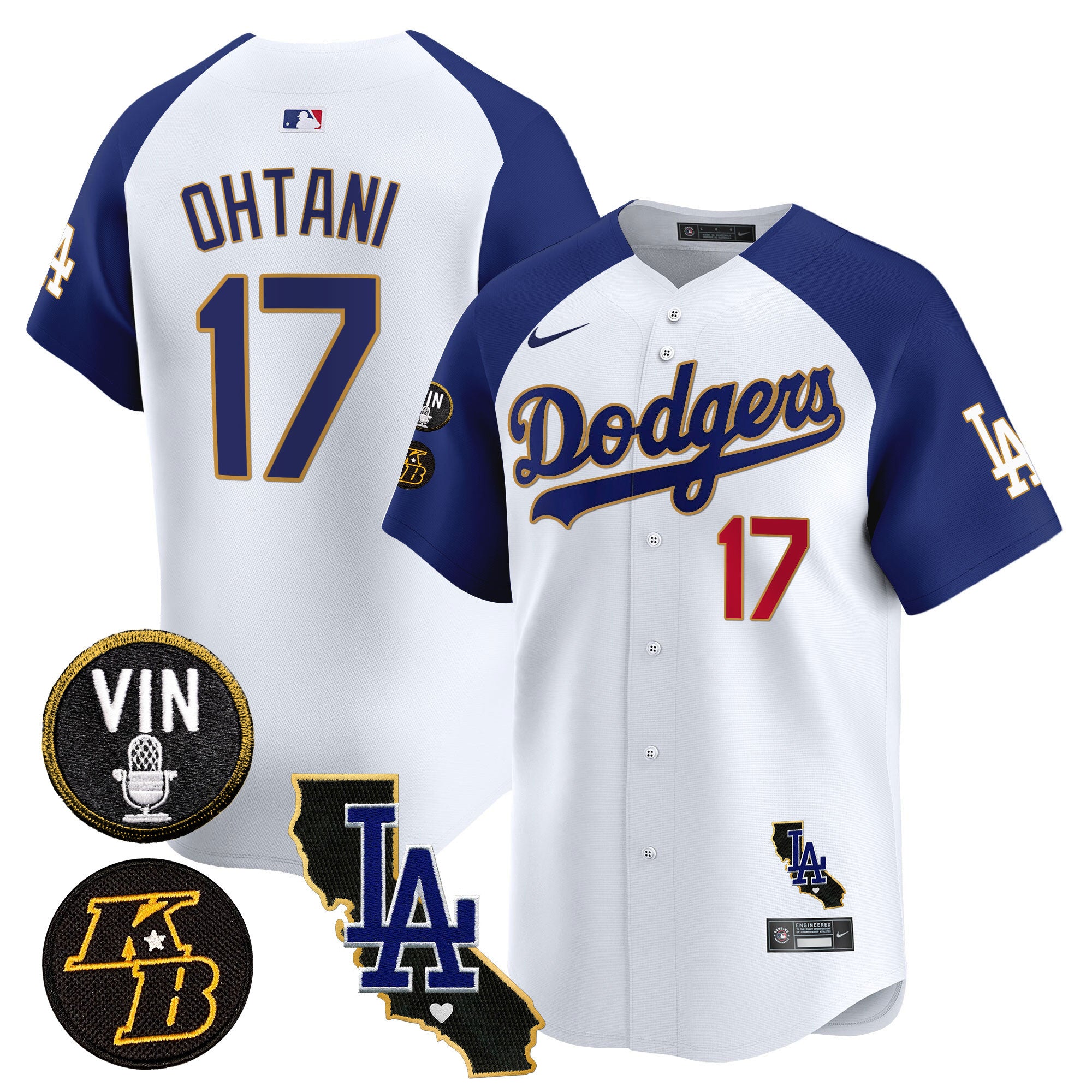 Men's Dodgers Vin & Kobe Patch Gold Trim Vapor Premier Limited Jersey V2 - All Stitched - White Alternate, Shohei Ohtani