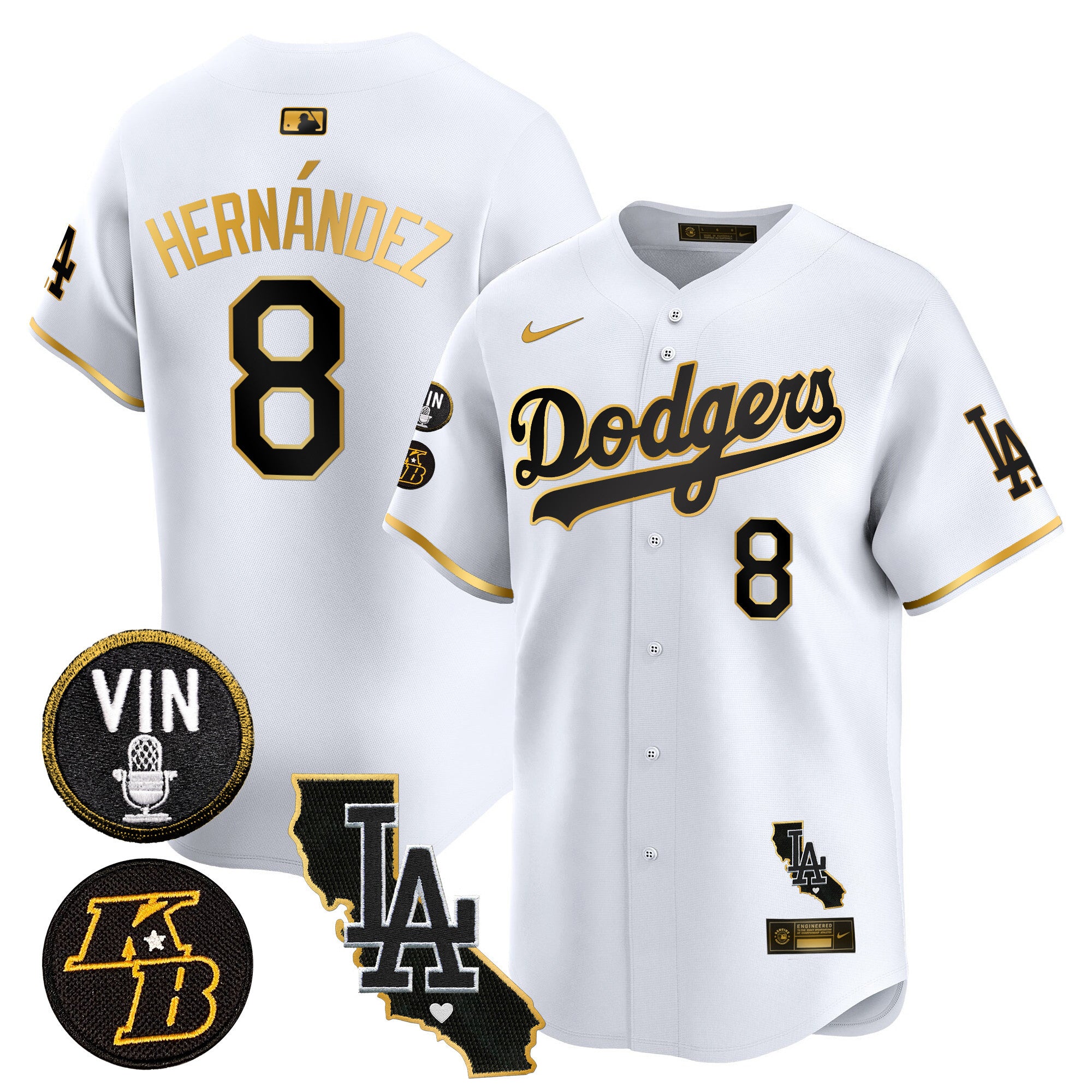 Men's Dodgers Vin & Kobe Patch Gold Trim Vapor Premier Limited Jersey V2 - All Stitched - White Gold, Kike Hernandez