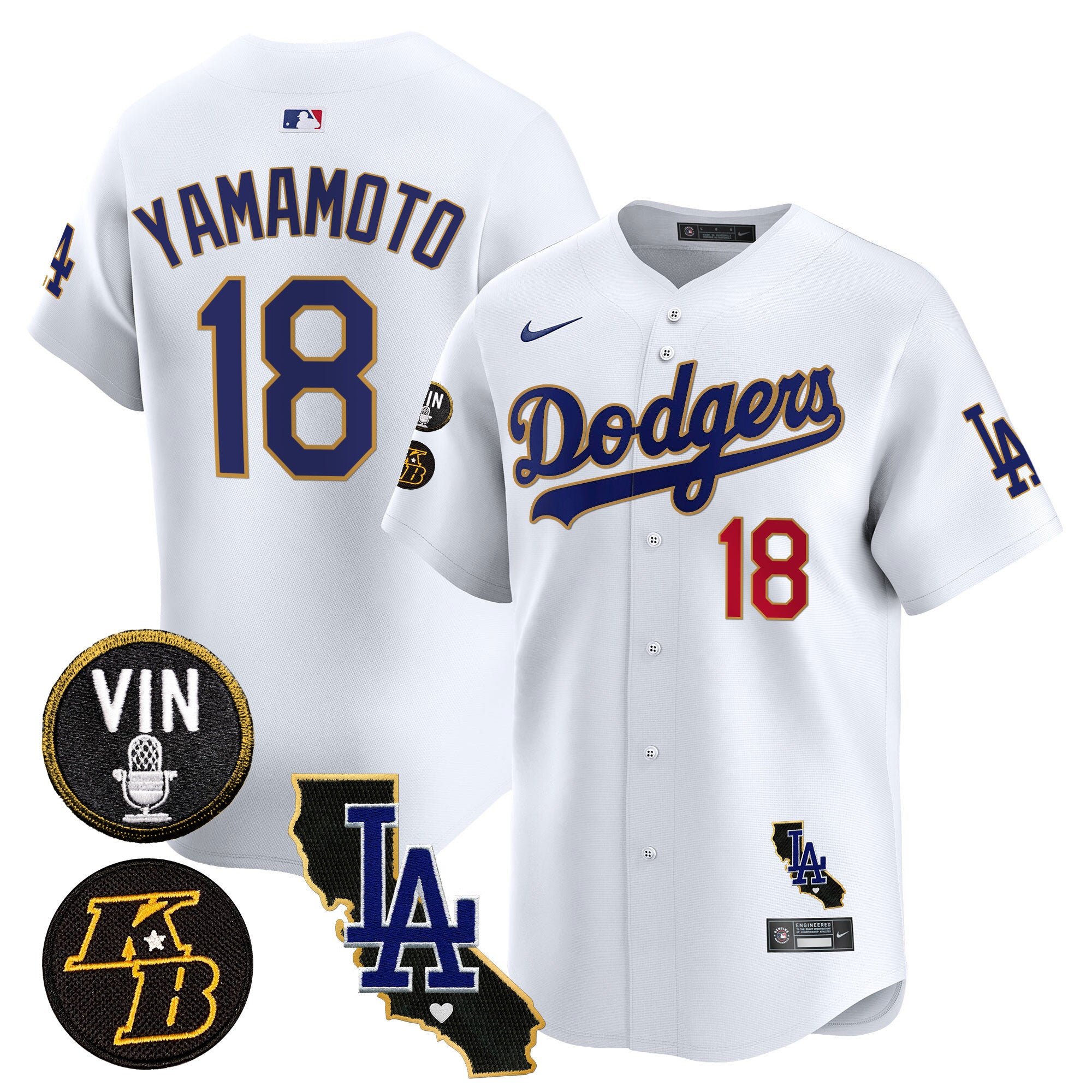 Men's Dodgers Vin & Kobe Patch Gold Trim Vapor Premier Limited Jersey V2 - All Stitched - White, Yamamoto