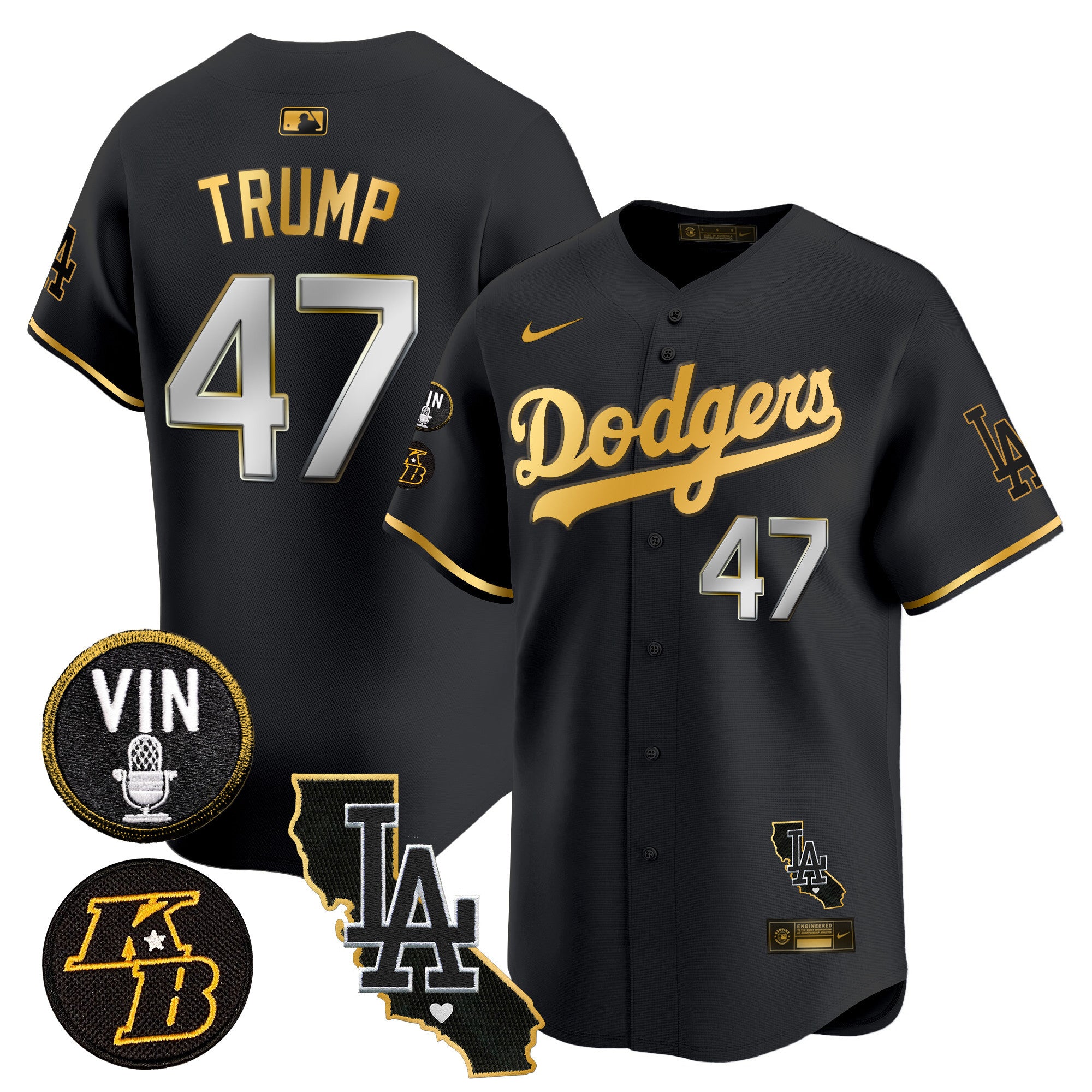 Men's Dodgers Vin & Kobe Patch Gold Trim Vapor Premier Limited Jersey V2 - All Stitched - Black Gold, Donald Trump