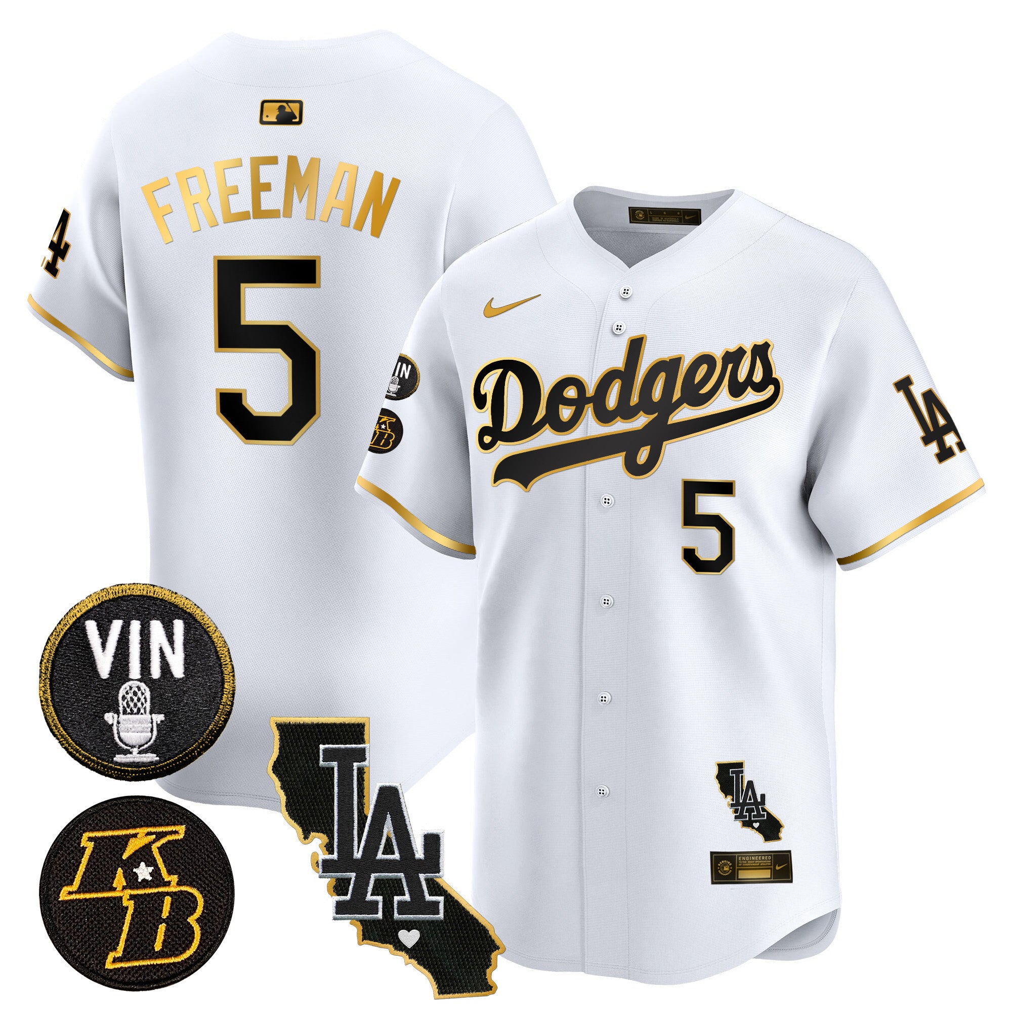 Men's Dodgers Vin & Kobe Patch Gold Trim Vapor Premier Limited Jersey V2 - All Stitched - White Gold, Freddie Freeman