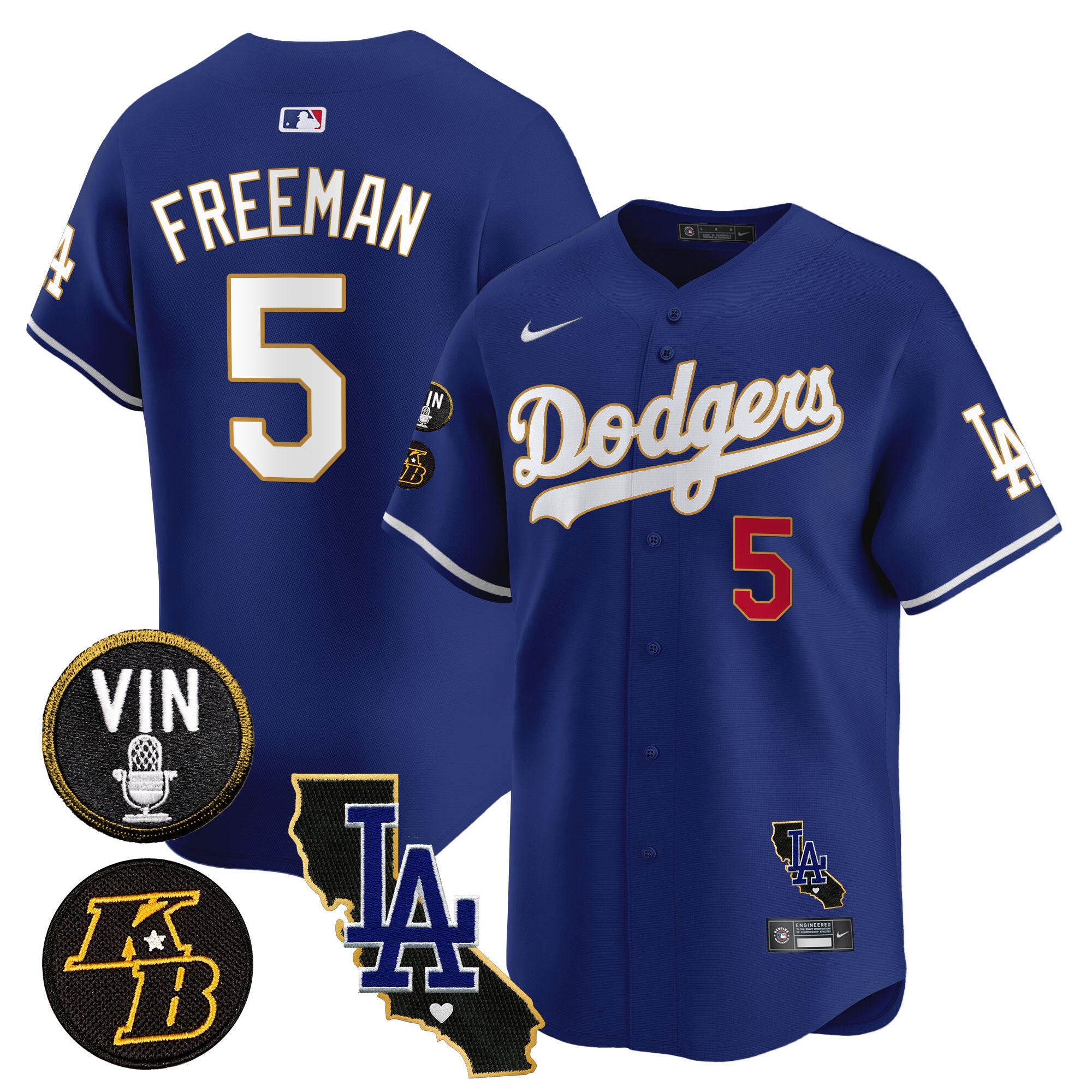 Men's Dodgers Vin & Kobe Patch Gold Trim Vapor Premier Limited Jersey V2 - All Stitched - Royal, Freddie Freeman