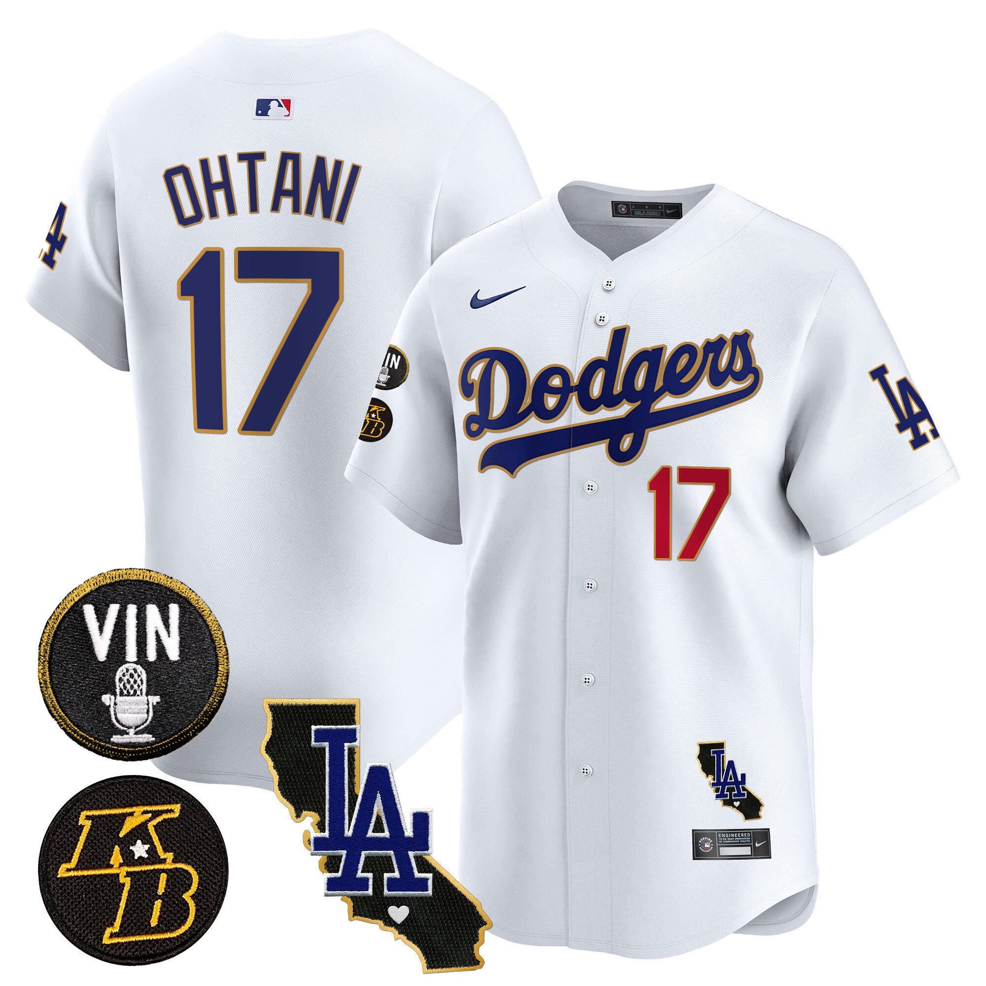 Men's Dodgers Vin & Kobe Patch Gold Trim Vapor Premier Limited Jersey V2 - All Stitched - White, Shohei Ohtani