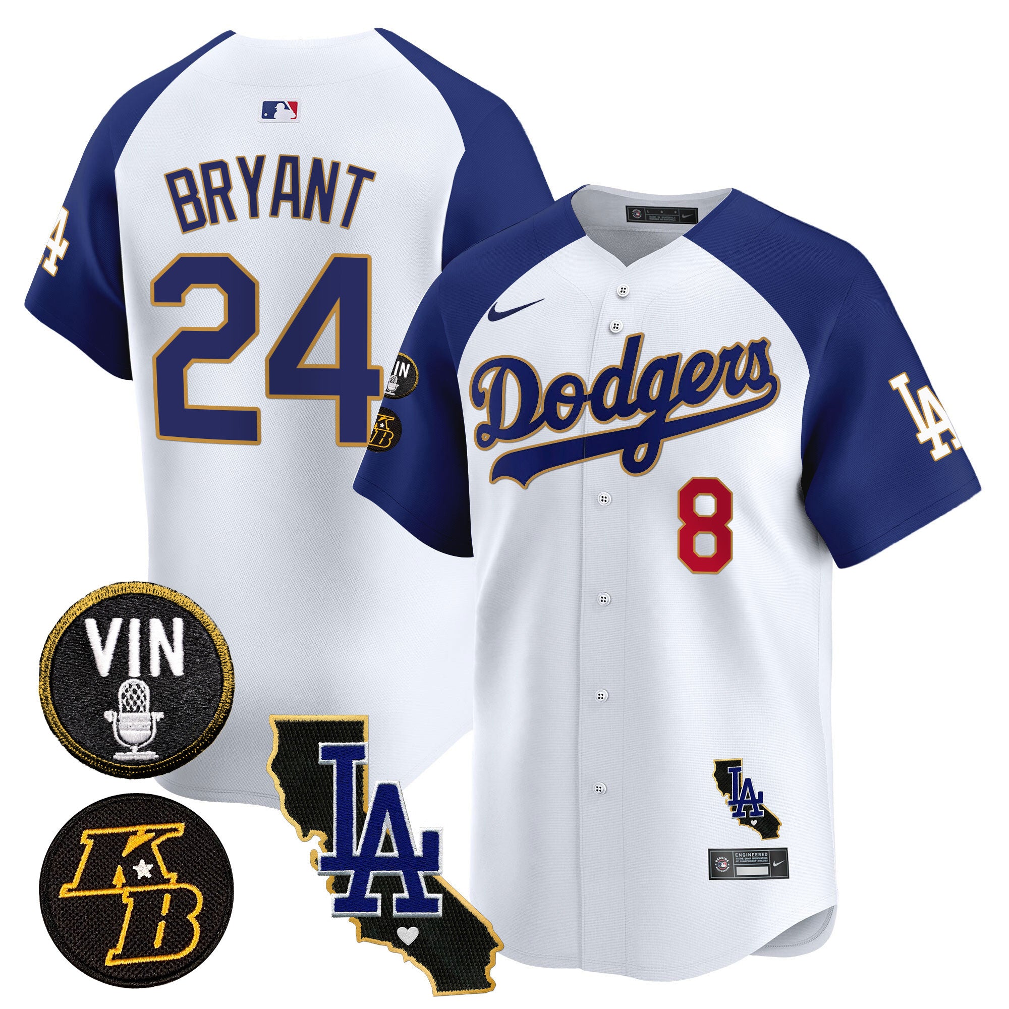 Men's Dodgers Vin & Kobe Patch Gold Trim Vapor Premier Limited Jersey V2 - All Stitched - White Alternate, Kobe Bryant
