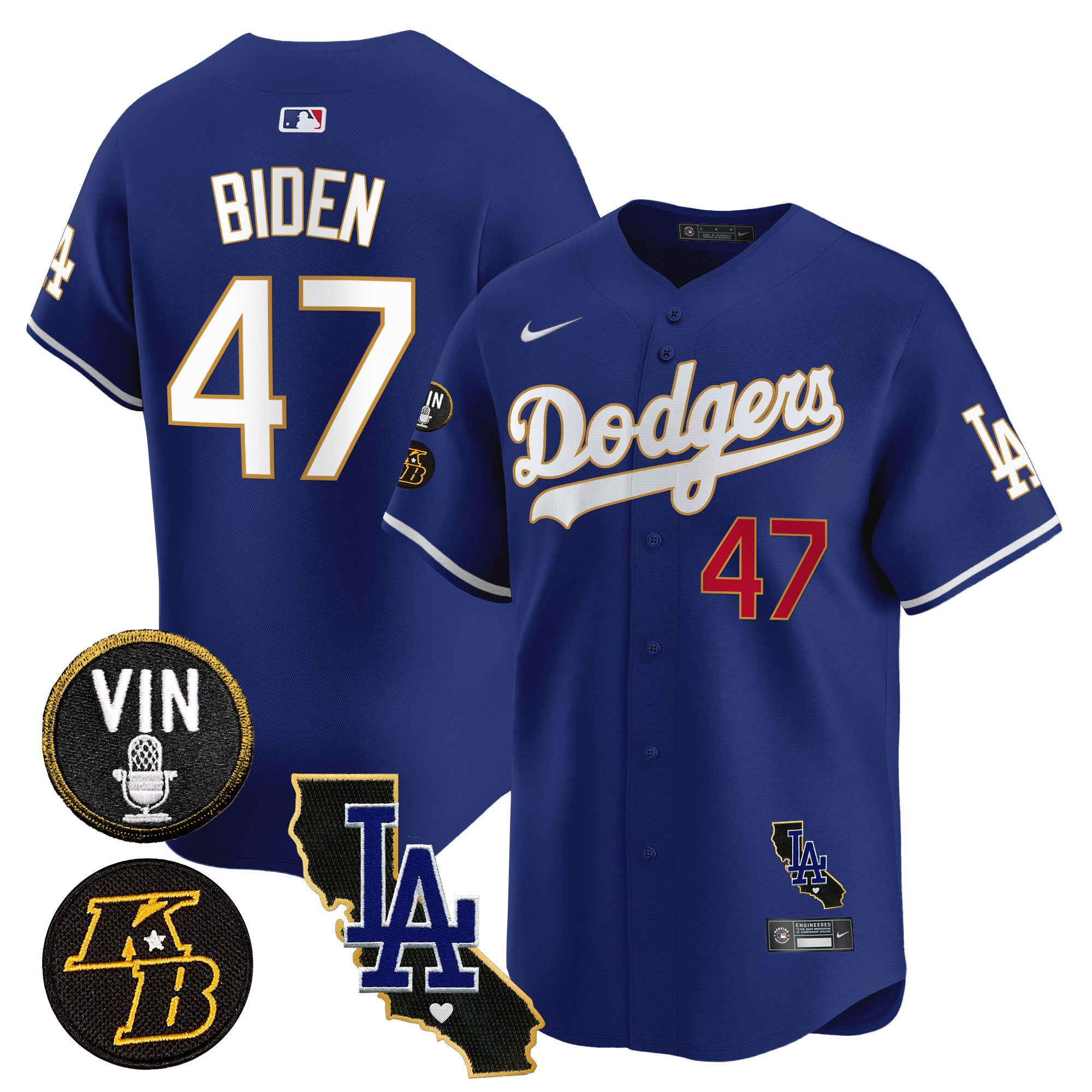 Men's Dodgers Vin & Kobe Patch Gold Trim Vapor Premier Limited Jersey V2 - All Stitched - Royal, Joe Biden