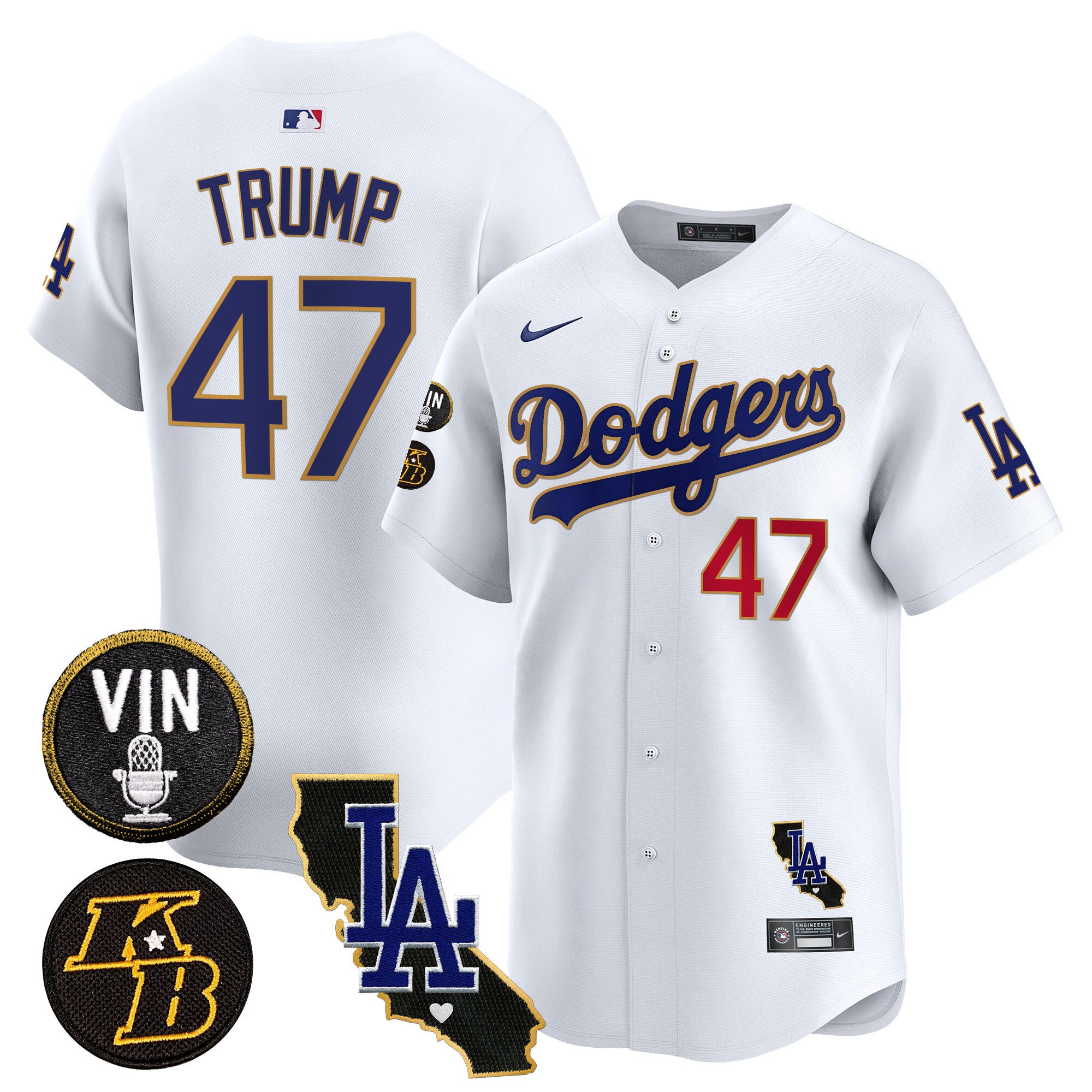 Men's Dodgers Vin & Kobe Patch Gold Trim Vapor Premier Limited Jersey V2 - All Stitched - White, Donald Trump