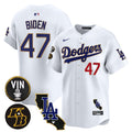 Men's Dodgers Vin & Kobe Patch Gold Trim Vapor Premier Limited Jersey V2 - All Stitched - White, Joe Biden