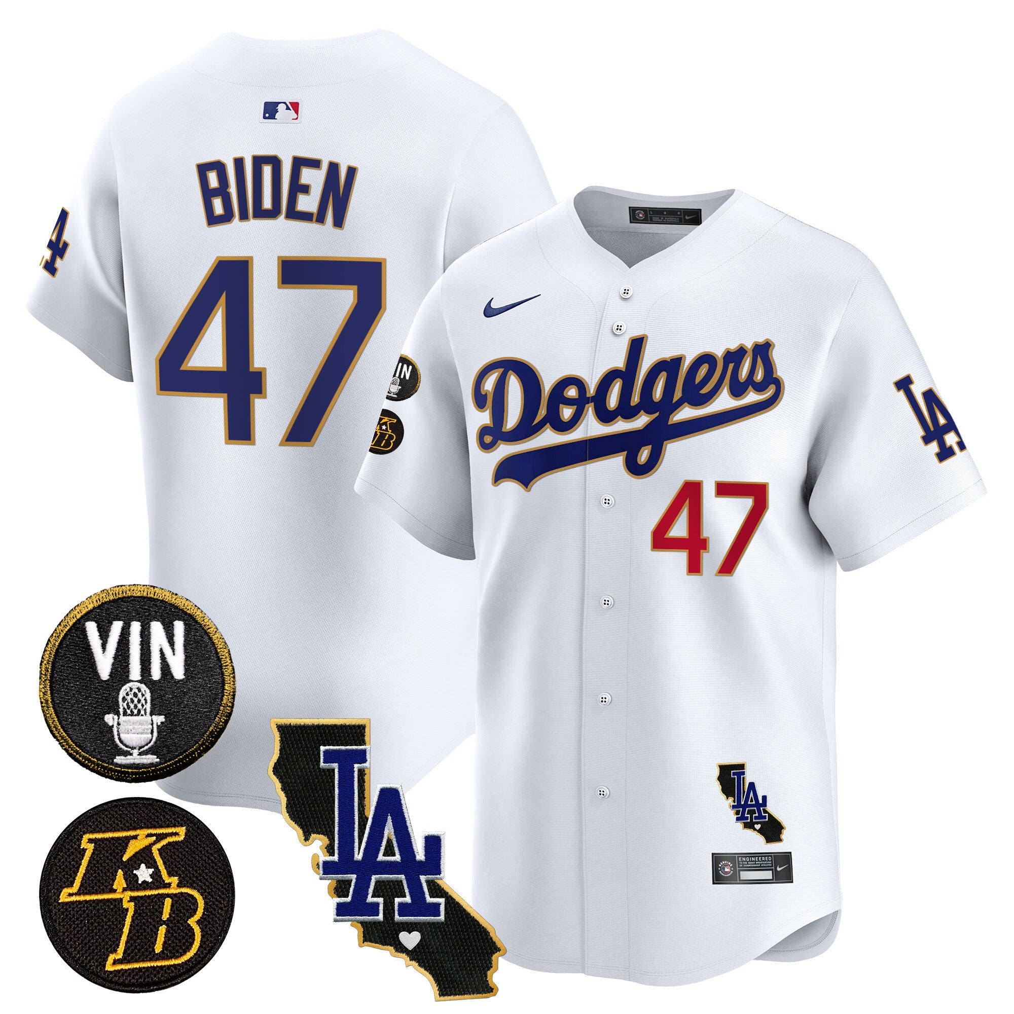 Men's Dodgers Vin & Kobe Patch Gold Trim Vapor Premier Limited Jersey V2 - All Stitched - White, Joe Biden
