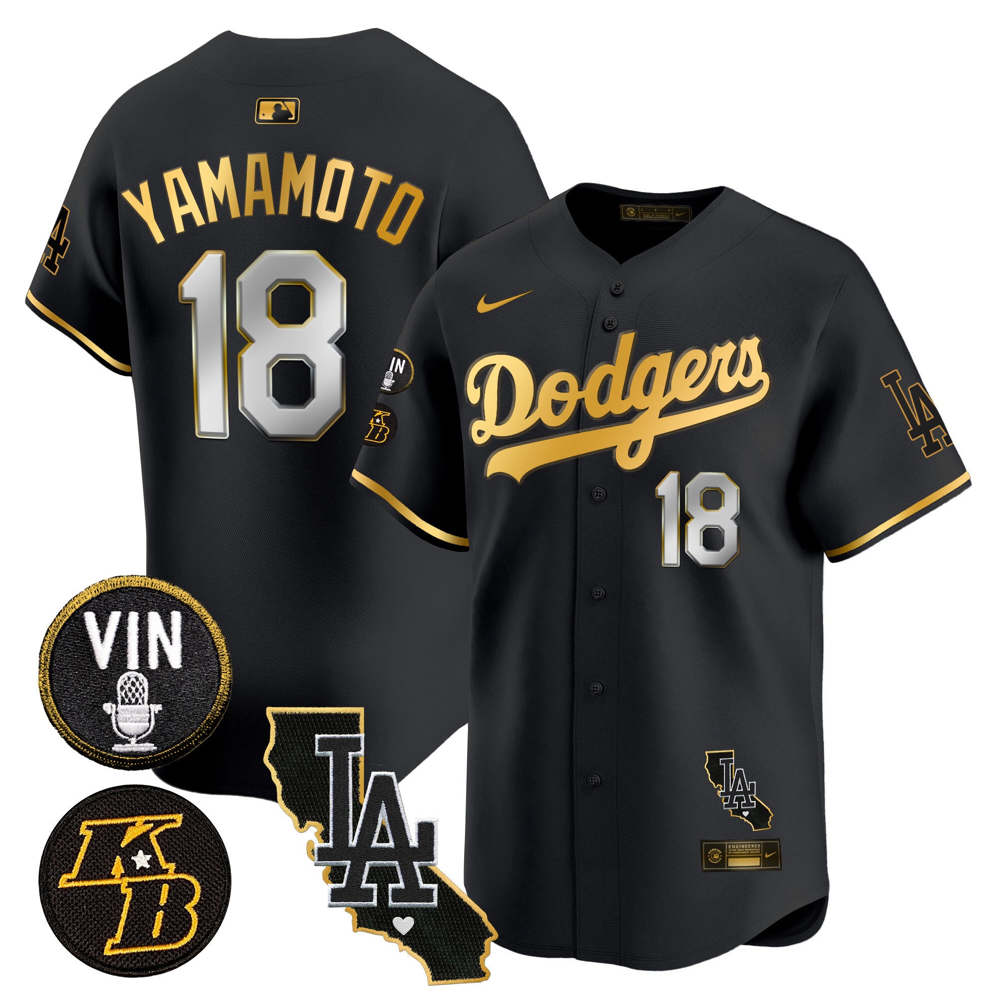 Men's Dodgers Vin & Kobe Patch Gold Trim Vapor Premier Limited Jersey V2 - All Stitched - Black Gold, Yamamoto