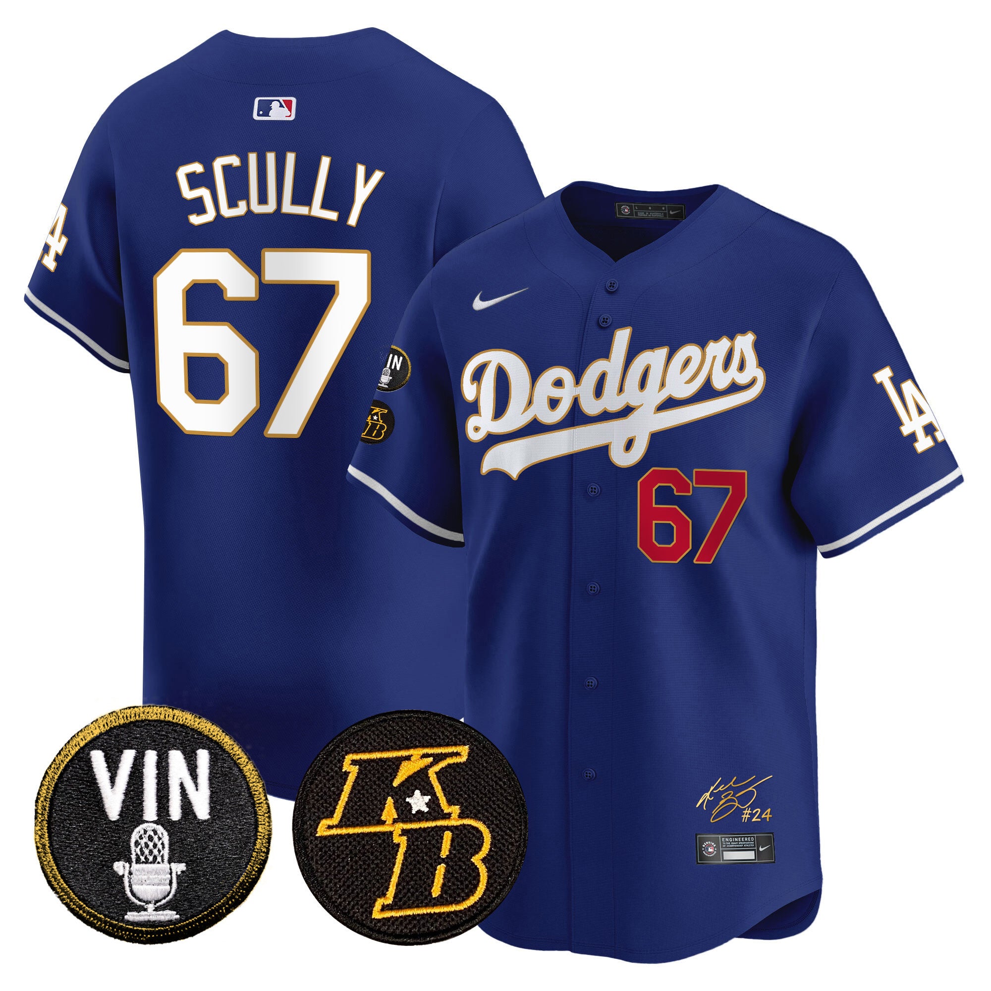 Men's Dodgers Vin Patch & Kobe Bryant Signature Vapor Premier Limited Jersey - All Stitched - Royal, Vin Scully