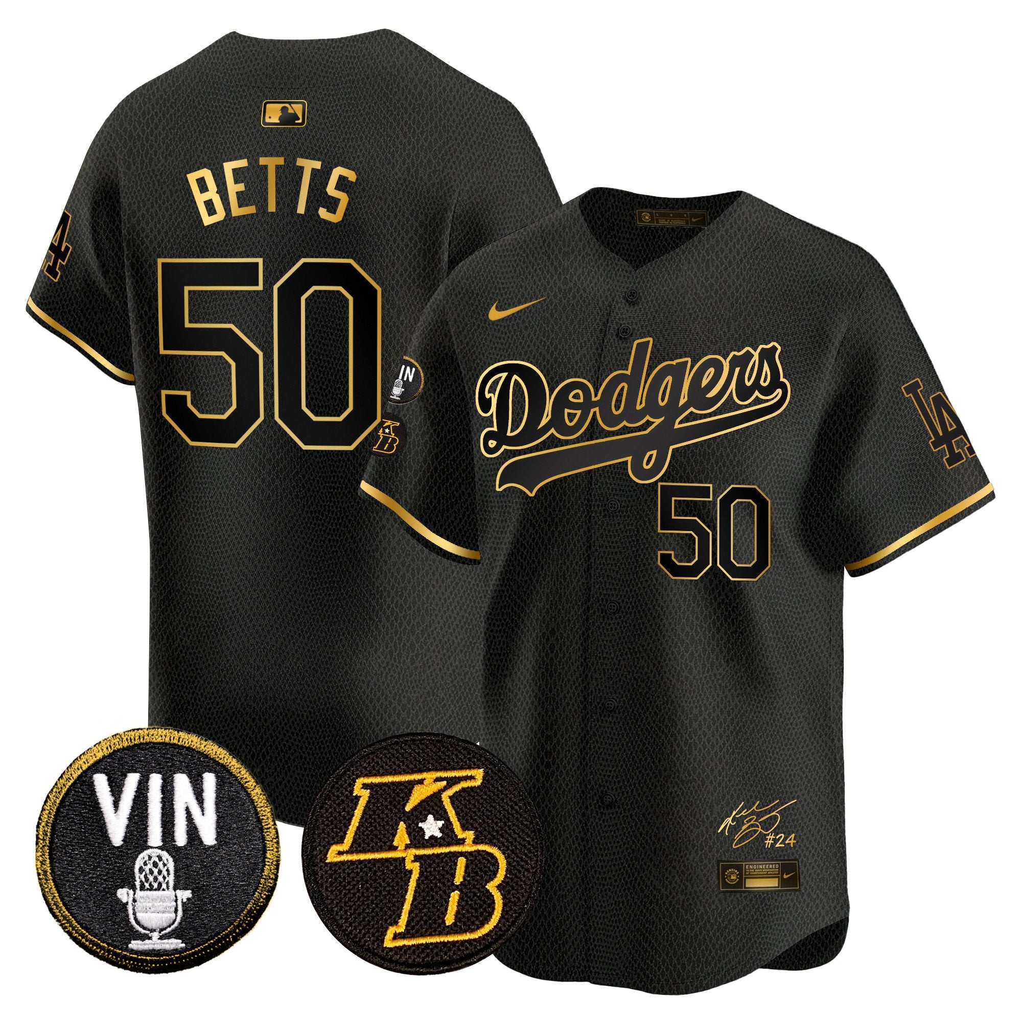 Men's Dodgers Vin Patch & Kobe Bryant Signature Vapor Premier Limited Jersey - All Stitched - Mamba Gold, Mookie Betts