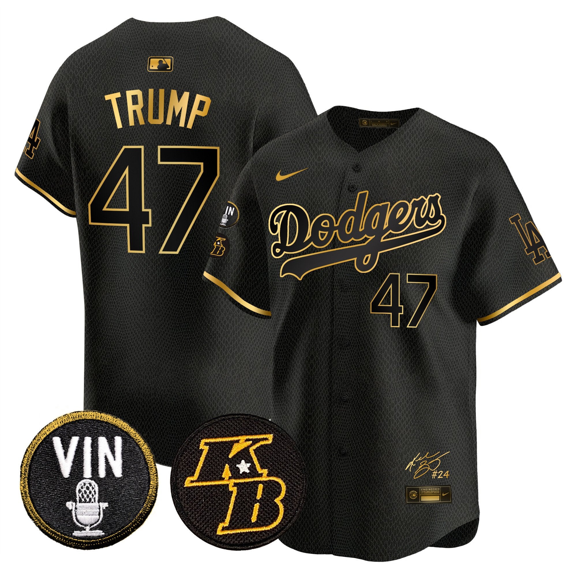 Men's Dodgers Vin Patch & Kobe Bryant Signature Vapor Premier Limited Jersey - All Stitched - Mamba Gold, Donald Trump