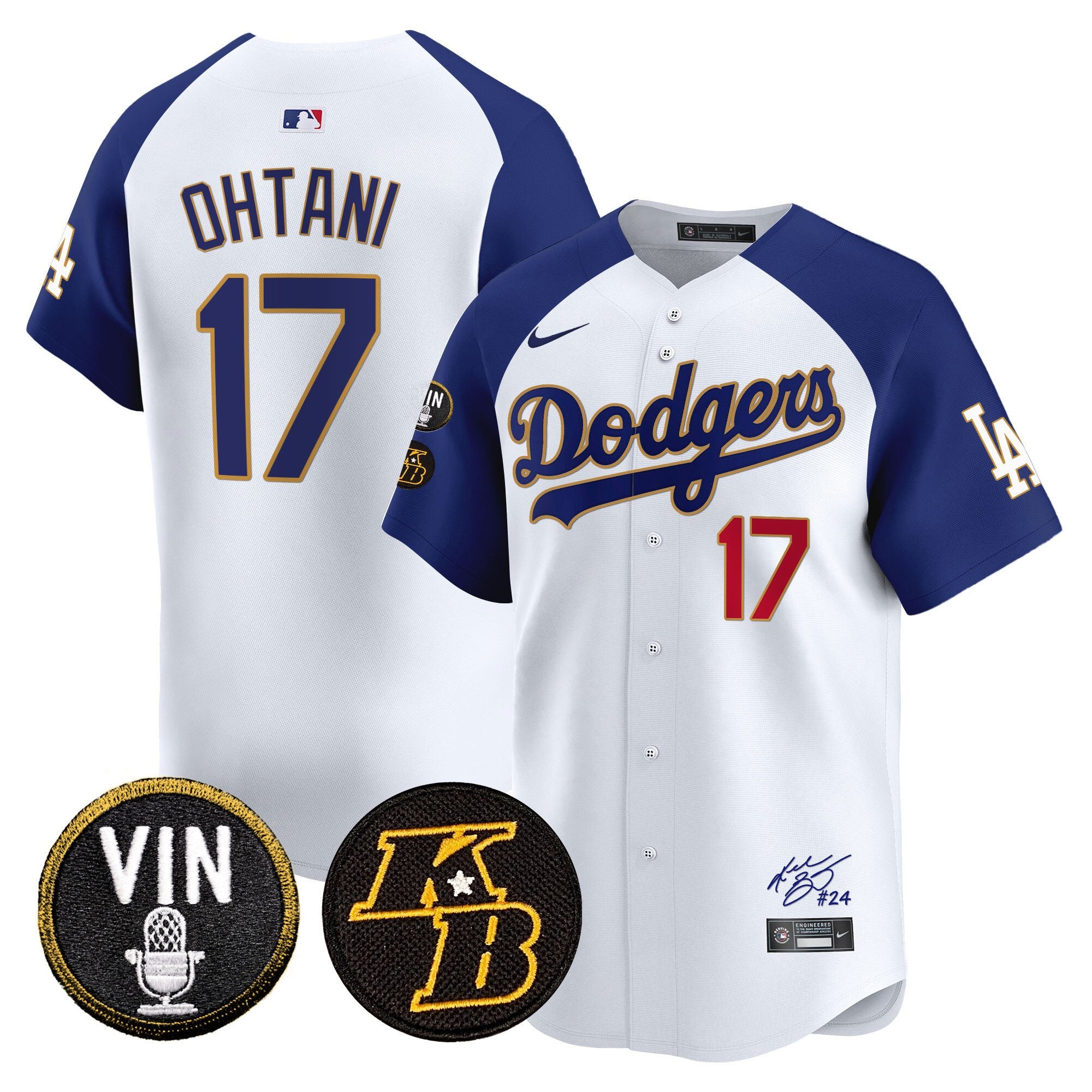 Men's Dodgers Vin Patch & Kobe Bryant Signature Vapor Premier Limited Jersey - All Stitched - White Alternate, Shohei Ohtani