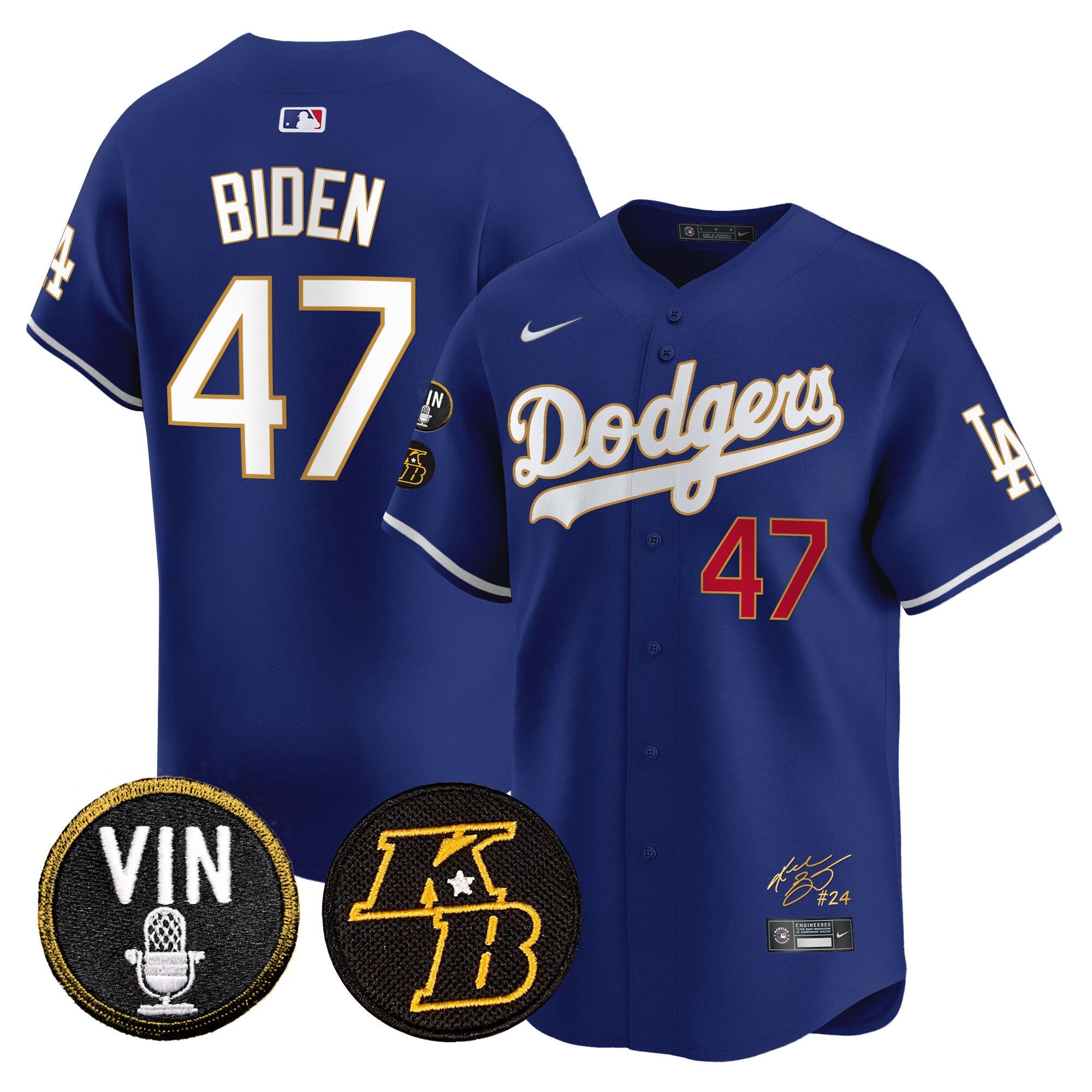 Men's Dodgers Vin Patch & Kobe Bryant Signature Vapor Premier Limited Jersey - All Stitched - Royal, Joe Biden