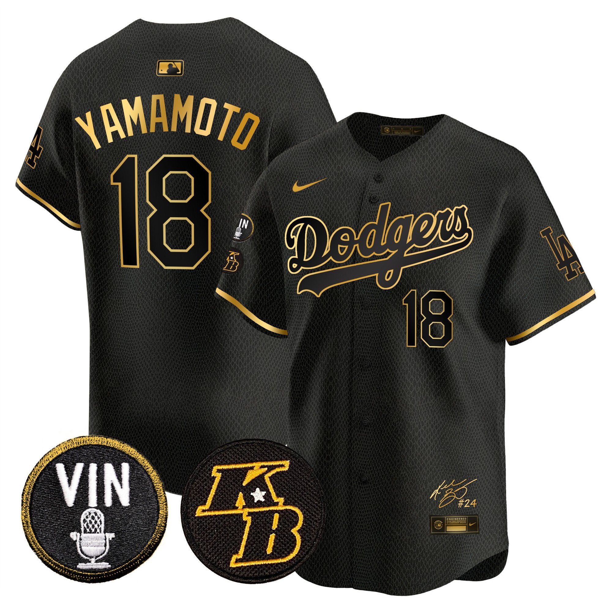 Men's Dodgers Vin Patch & Kobe Bryant Signature Vapor Premier Limited Jersey - All Stitched - Mamba Gold, Yamamoto