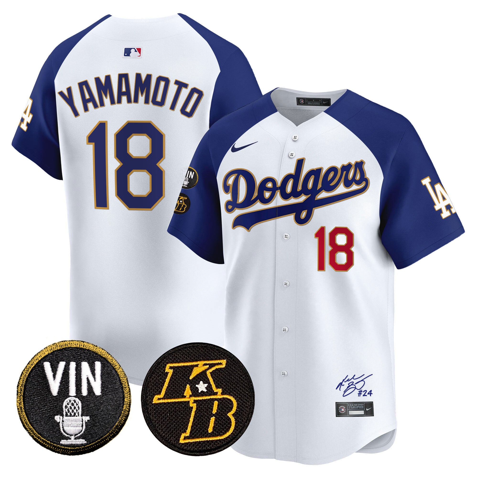 Men's Dodgers Vin Patch & Kobe Bryant Signature Vapor Premier Limited Jersey - All Stitched - White Alternate, Yamamoto