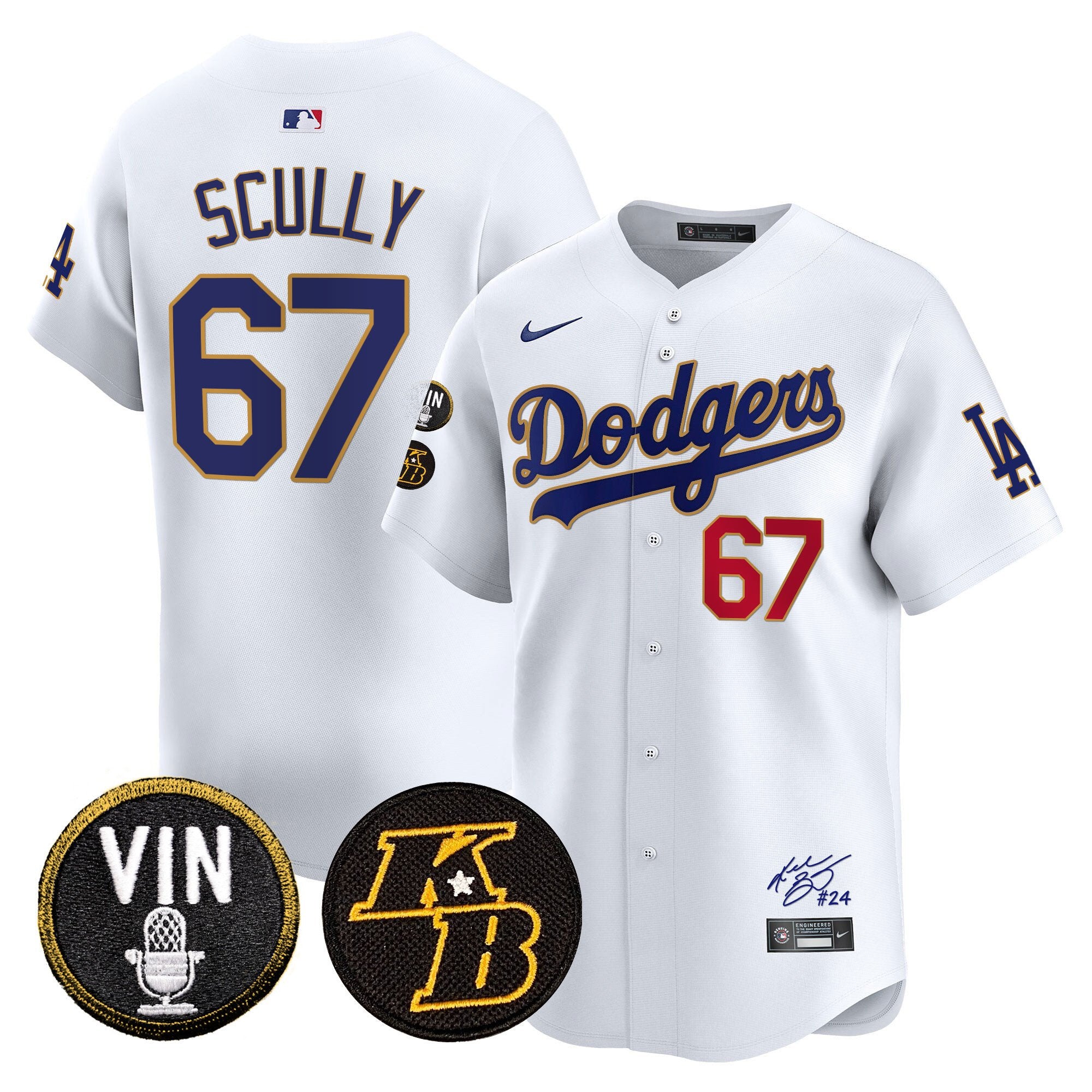 Men's Dodgers Vin Patch & Kobe Bryant Signature Vapor Premier Limited Jersey - All Stitched - White, Vin Scully