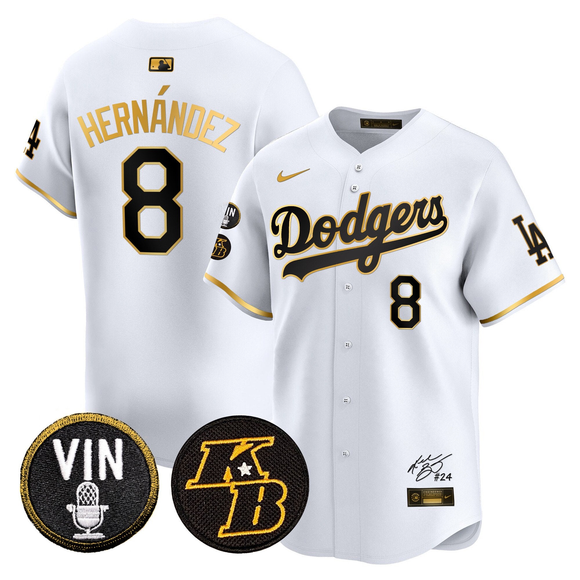 Men's Dodgers Vin Patch & Kobe Bryant Signature Vapor Premier Limited Jersey - All Stitched - White Gold, Kike Hernandez