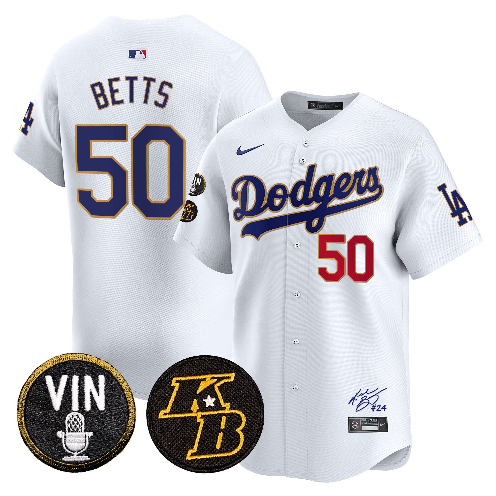 Men's Dodgers Vin Patch & Kobe Bryant Signature Vapor Premier Limited Jersey - All Stitched - White, Mookie Betts
