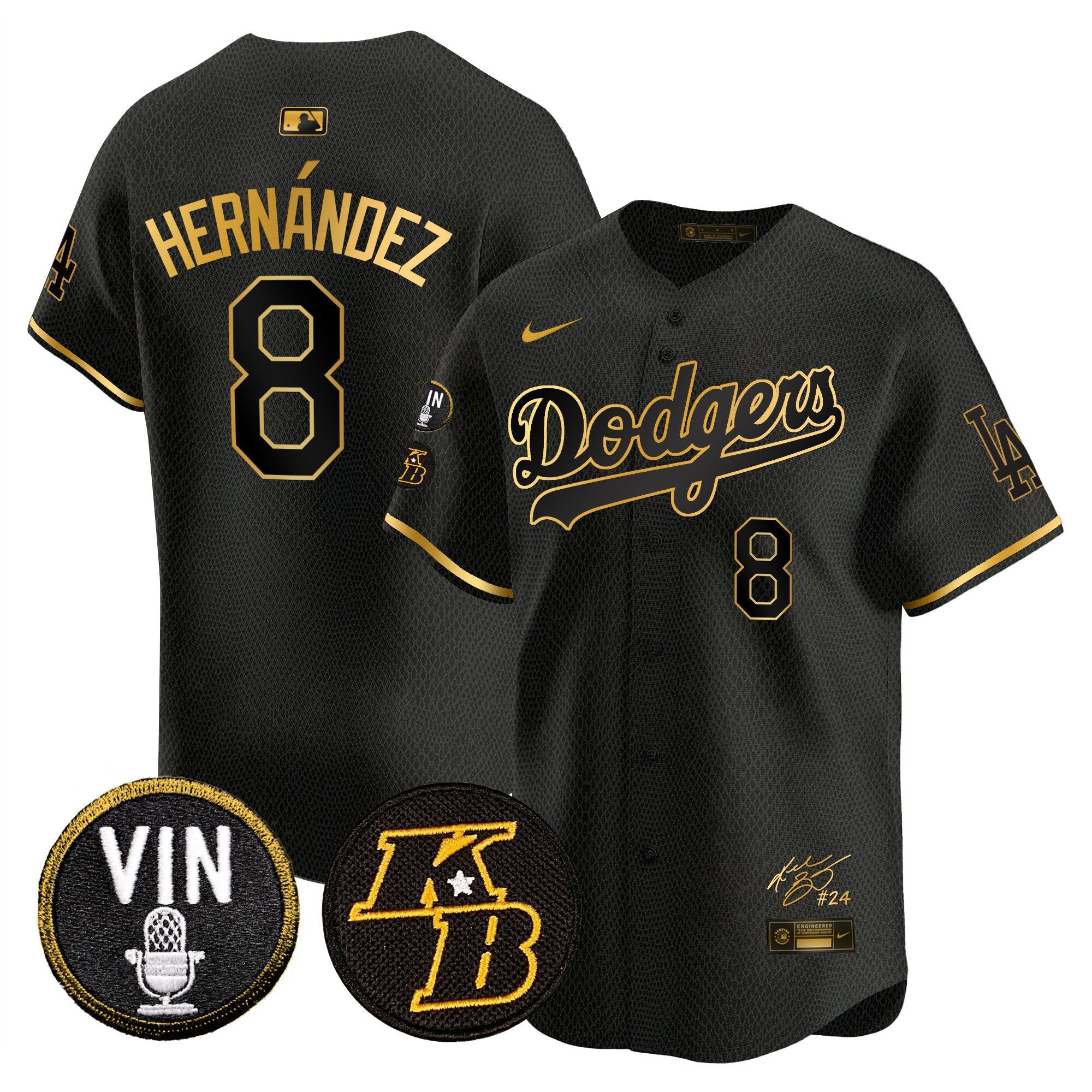 Men's Dodgers Vin Patch & Kobe Bryant Signature Vapor Premier Limited Jersey - All Stitched - Mamba Gold, Kike Hernandez