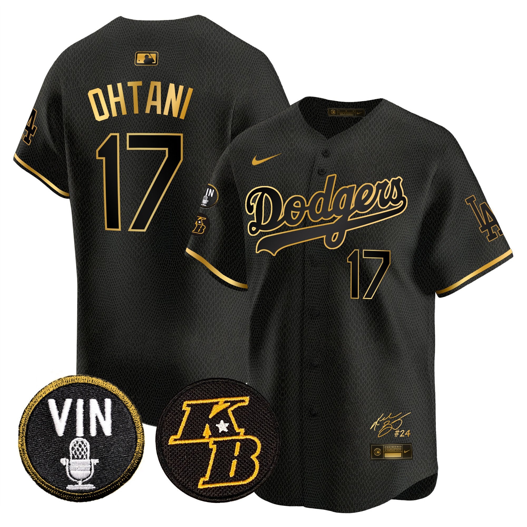 Men's Dodgers Vin Patch & Kobe Bryant Signature Vapor Premier Limited Jersey - All Stitched - Mamba Gold, Shohei Ohtani