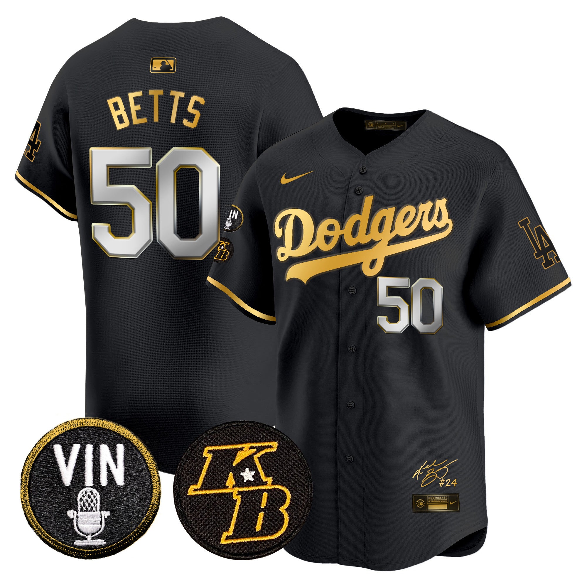 Men's Dodgers Vin Patch & Kobe Bryant Signature Vapor Premier Limited Jersey - All Stitched - Black Gold, Mookie Betts