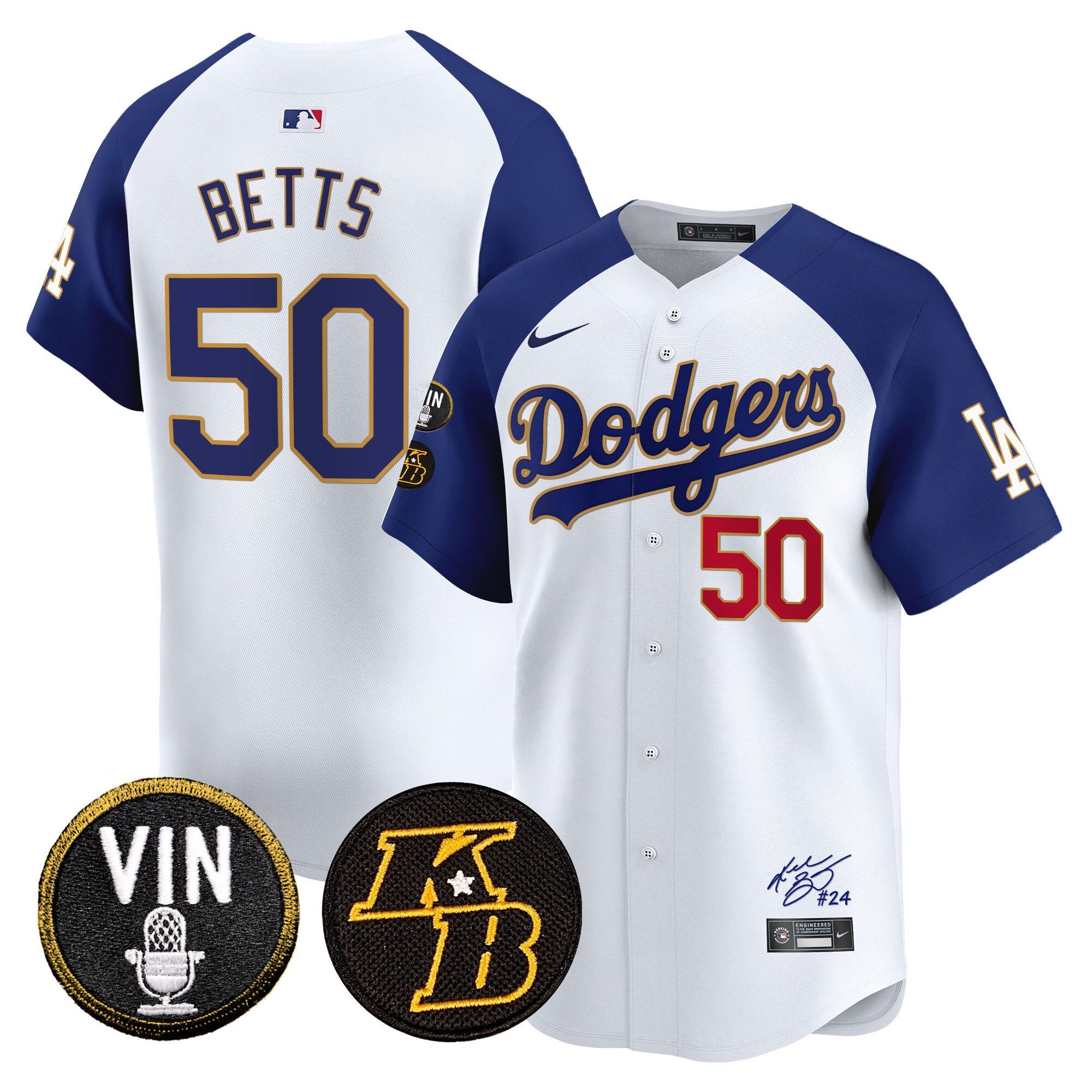 Men's Dodgers Vin Patch & Kobe Bryant Signature Vapor Premier Limited Jersey - All Stitched - White Alternate, Mookie Betts
