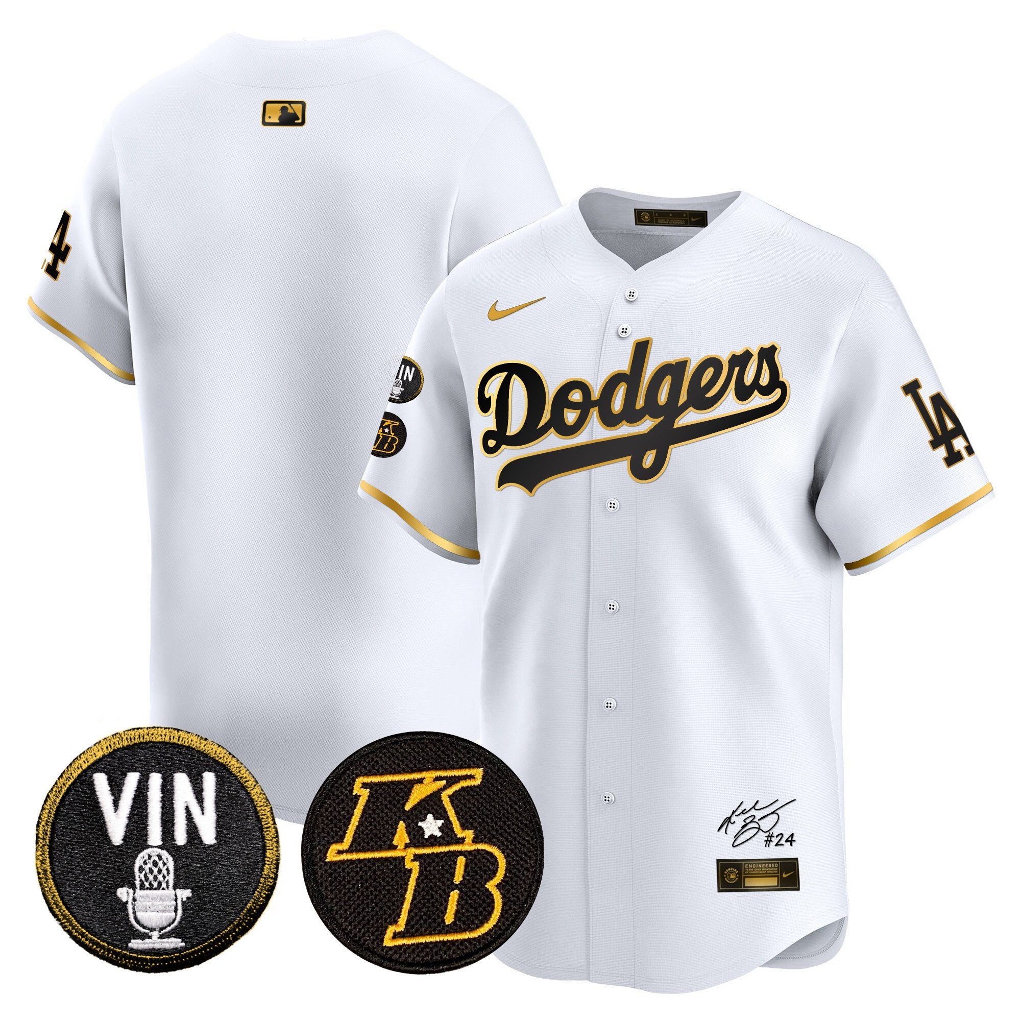 Men's Dodgers Vin Patch & Kobe Bryant Signature Vapor Premier Limited Jersey - All Stitched - White Gold, Team
