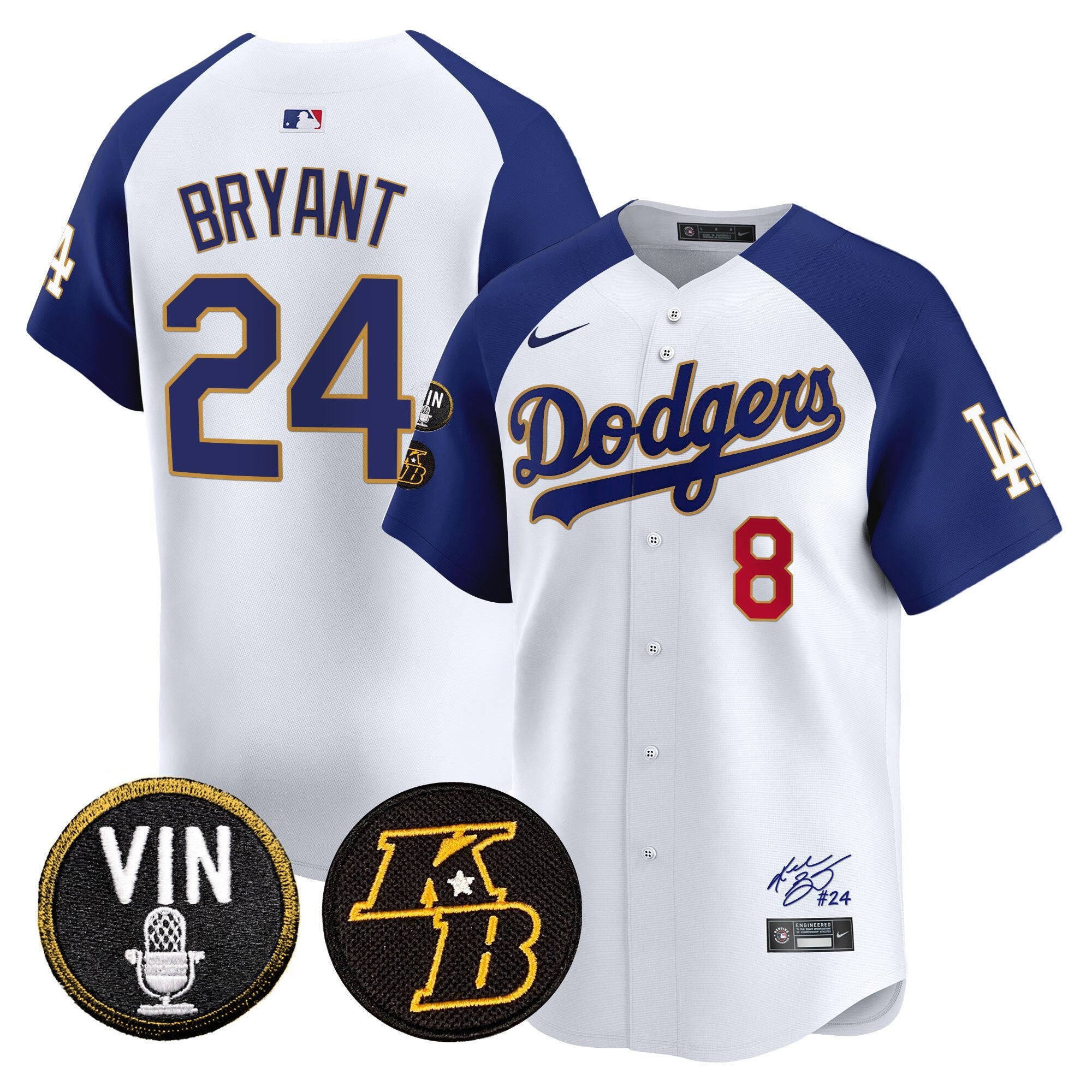 Men's Dodgers Vin Patch & Kobe Bryant Signature Vapor Premier Limited Jersey - All Stitched - White Alternate, Kobe Bryant