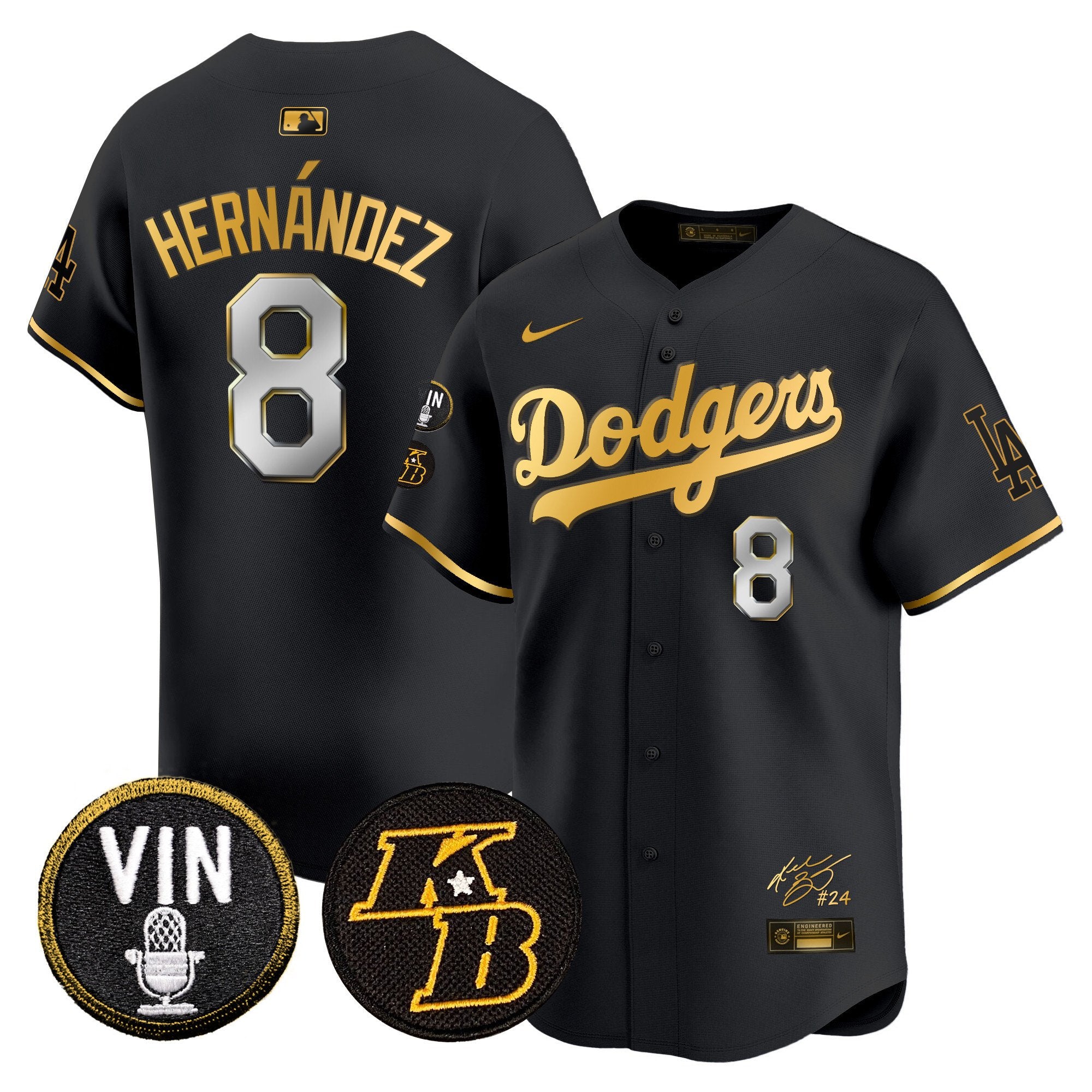 Men's Dodgers Vin Patch & Kobe Bryant Signature Vapor Premier Limited Jersey - All Stitched - Black Gold, Kike Hernandez