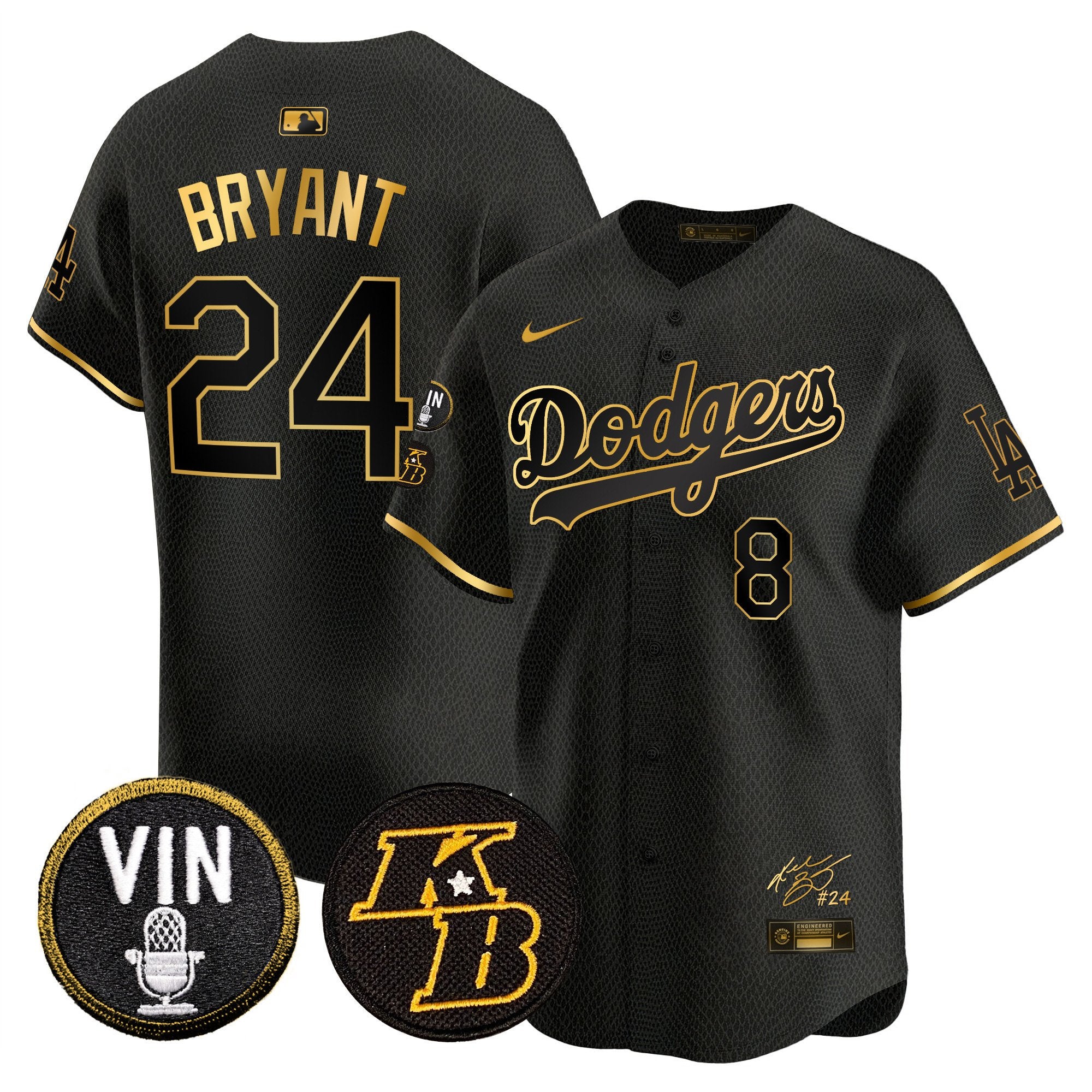 Men's Dodgers Vin Patch & Kobe Bryant Signature Vapor Premier Limited Jersey - All Stitched - Mamba Gold, Kobe Bryant