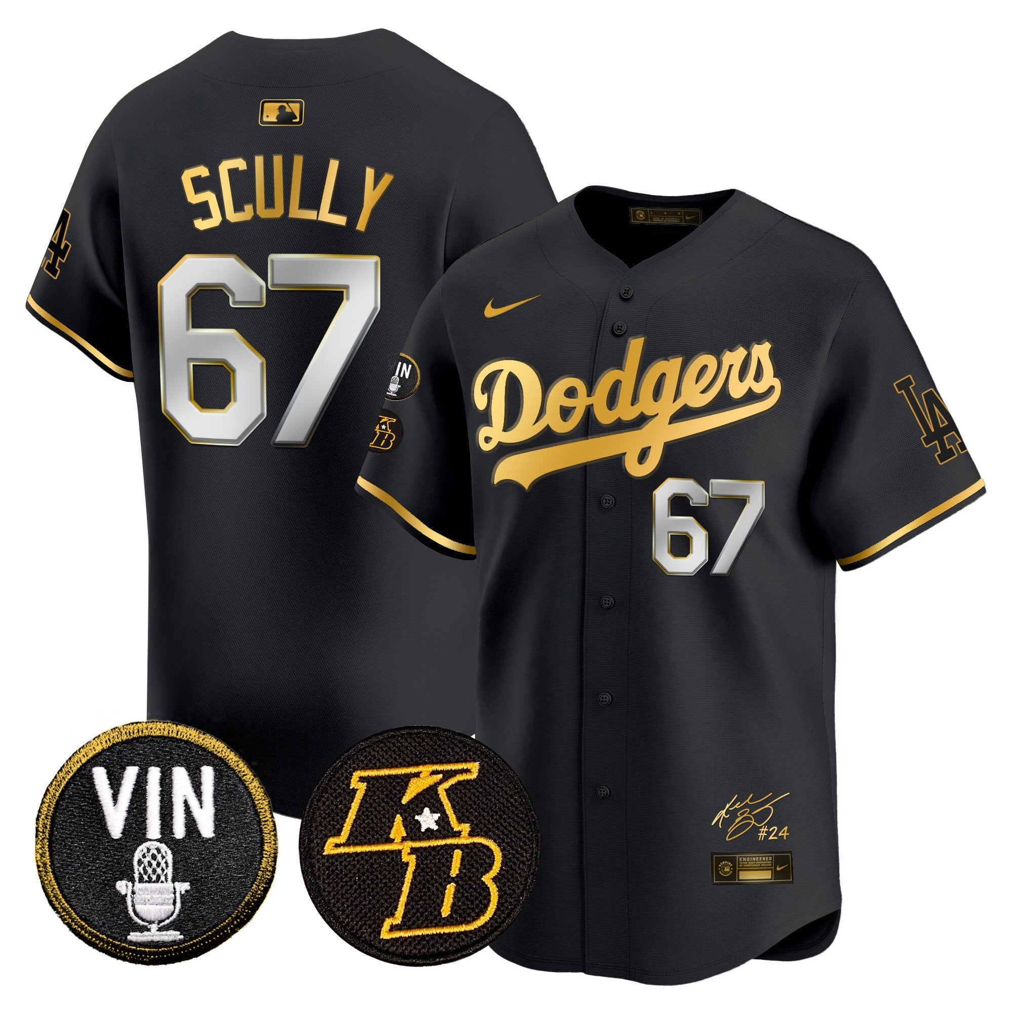 Men's Dodgers Vin Patch & Kobe Bryant Signature Vapor Premier Limited Jersey - All Stitched - Black Gold, Vin Scully