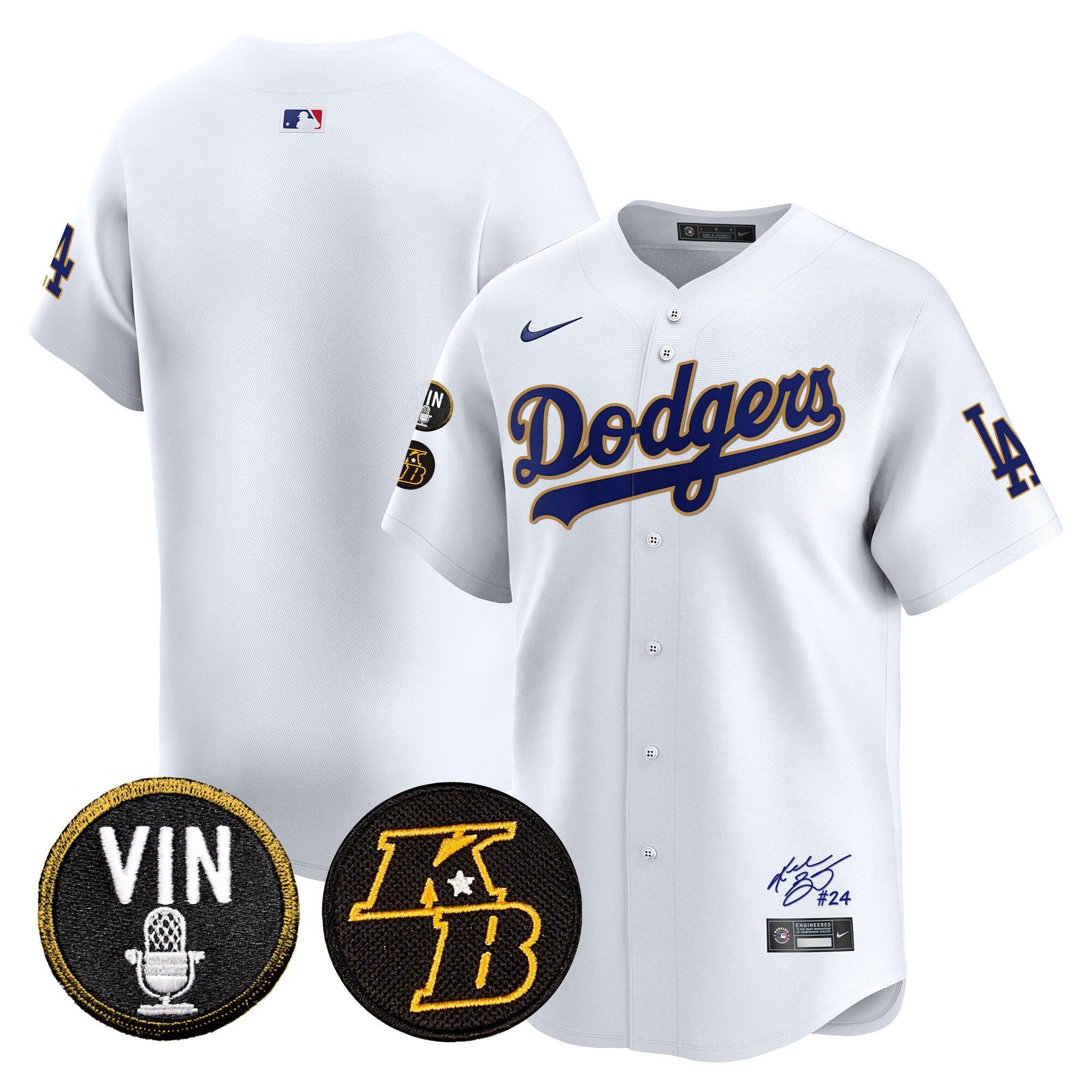 Men's Dodgers Vin Patch & Kobe Bryant Signature Vapor Premier Limited Jersey - All Stitched - White, Team