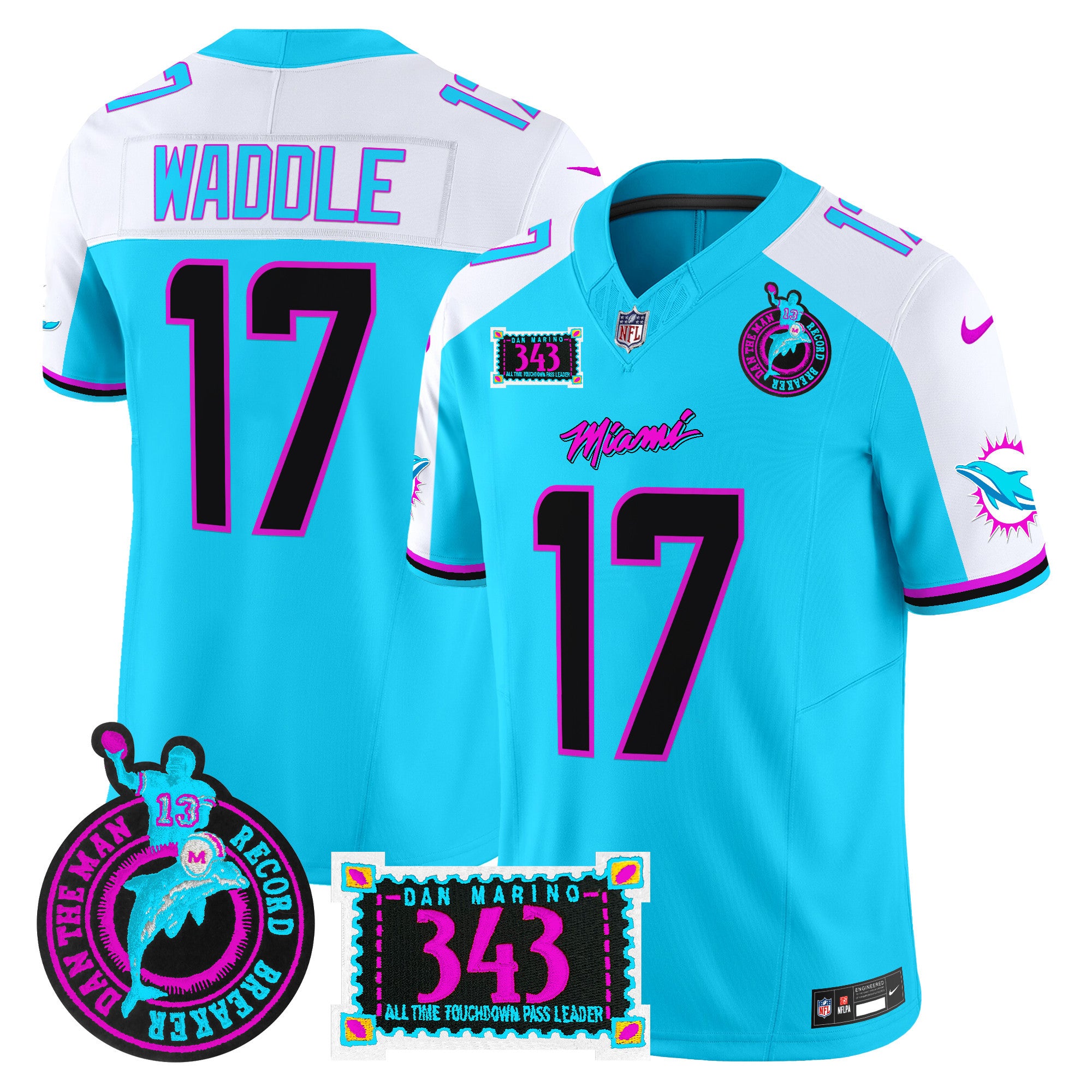 Men's Dolphins "Dan the Man Record Breaker" Patch Vapor Limited Jersey - All Stitched - Aqua Alternate, Jaylen Waddle