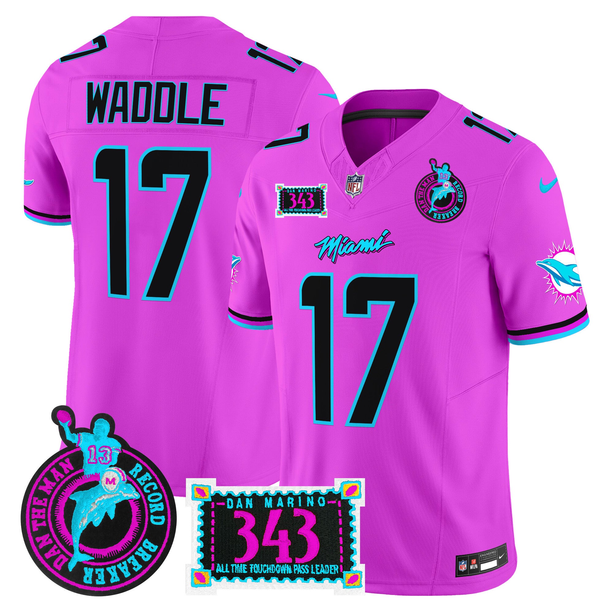 Men's Dolphins "Dan the Man Record Breaker" Patch Vapor Limited Jersey - All Stitched - Pink, Jaylen Waddle