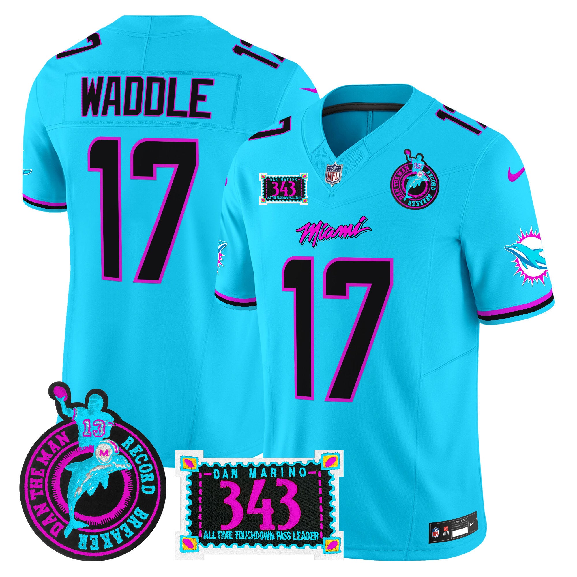 Men's Dolphins "Dan the Man Record Breaker" Patch Vapor Limited Jersey - All Stitched - Aqua, Jaylen Waddle