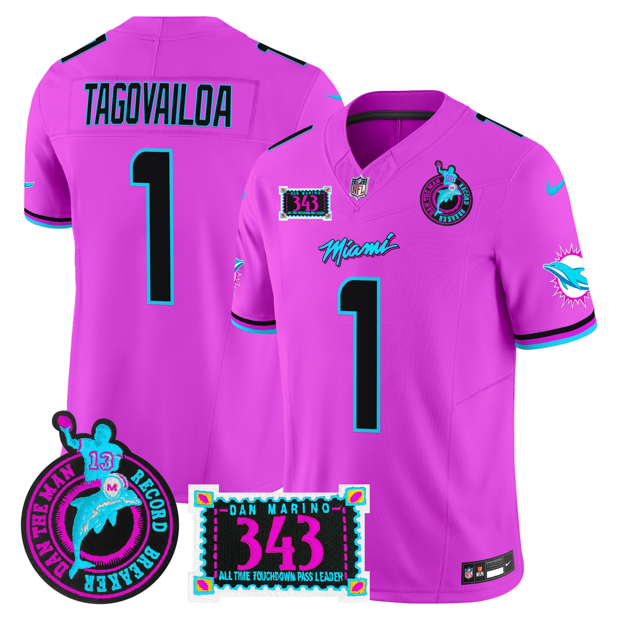 Men's Dolphins "Dan the Man Record Breaker" Patch Vapor Limited Jersey - All Stitched - Pink, Tua Tagovailoa