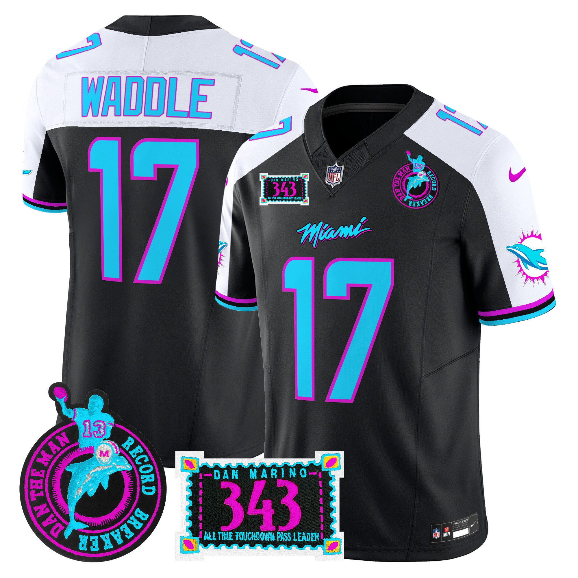 Men's Dolphins "Dan the Man Record Breaker" Patch Vapor Limited Jersey - All Stitched - Black Alternate, Jaylen Waddle