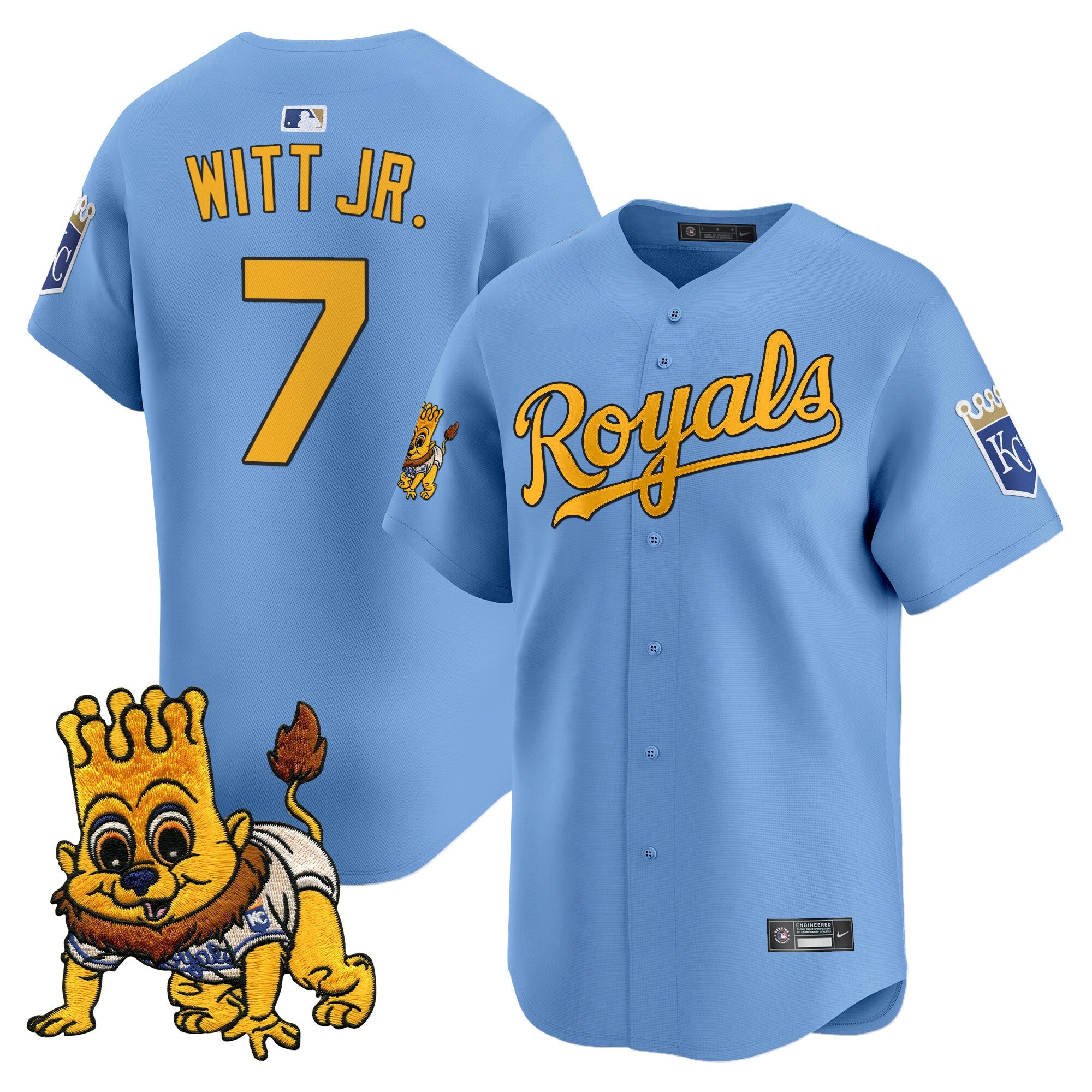 Men's Kansas City Royals Sluggerrr Patch Vapor Premier Limited Jersey - All Stitched - Light Blue, Bobby Witt Jr.