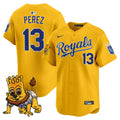 Men's Kansas City Royals Sluggerrr Patch Vapor Premier Limited Jersey - All Stitched - Gold, Salvador Pérez