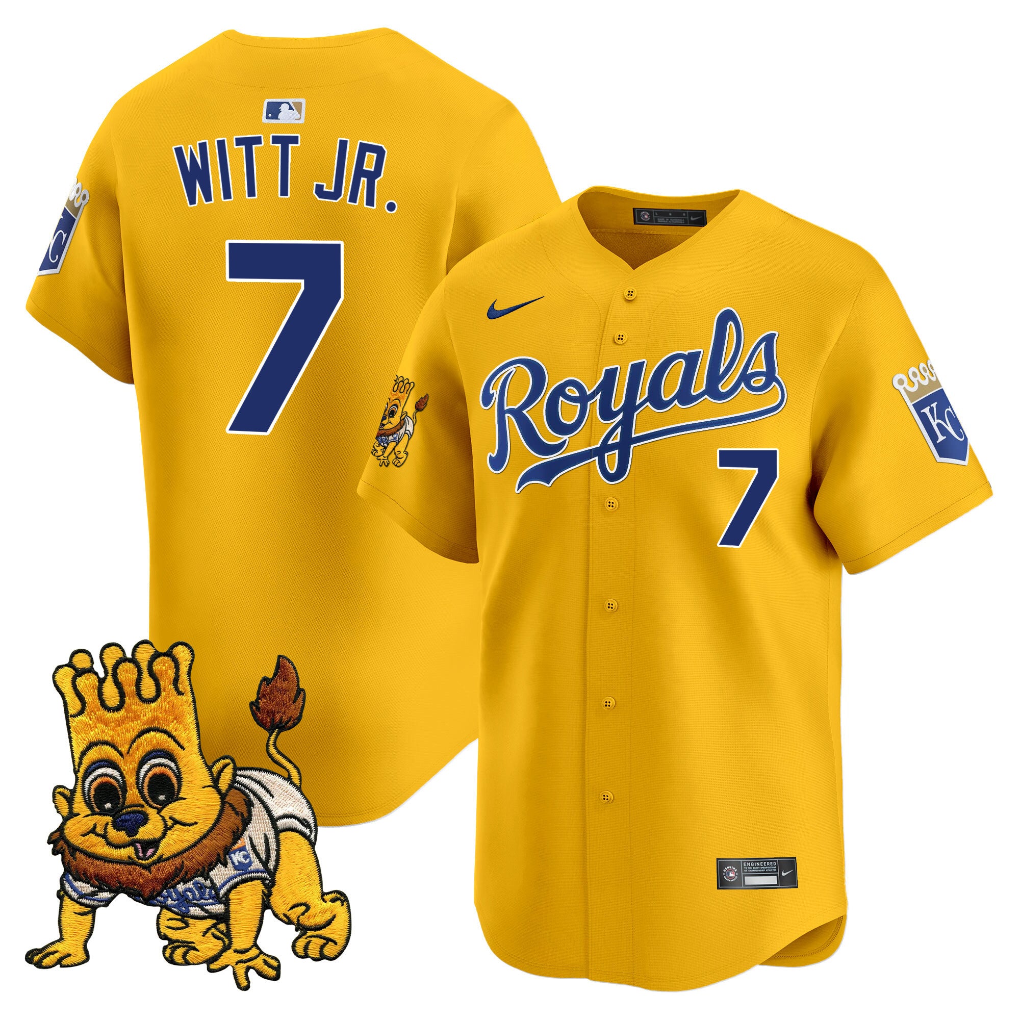 Men's Kansas City Royals Sluggerrr Patch Vapor Premier Limited Jersey - All Stitched - Gold, Bobby Witt Jr.