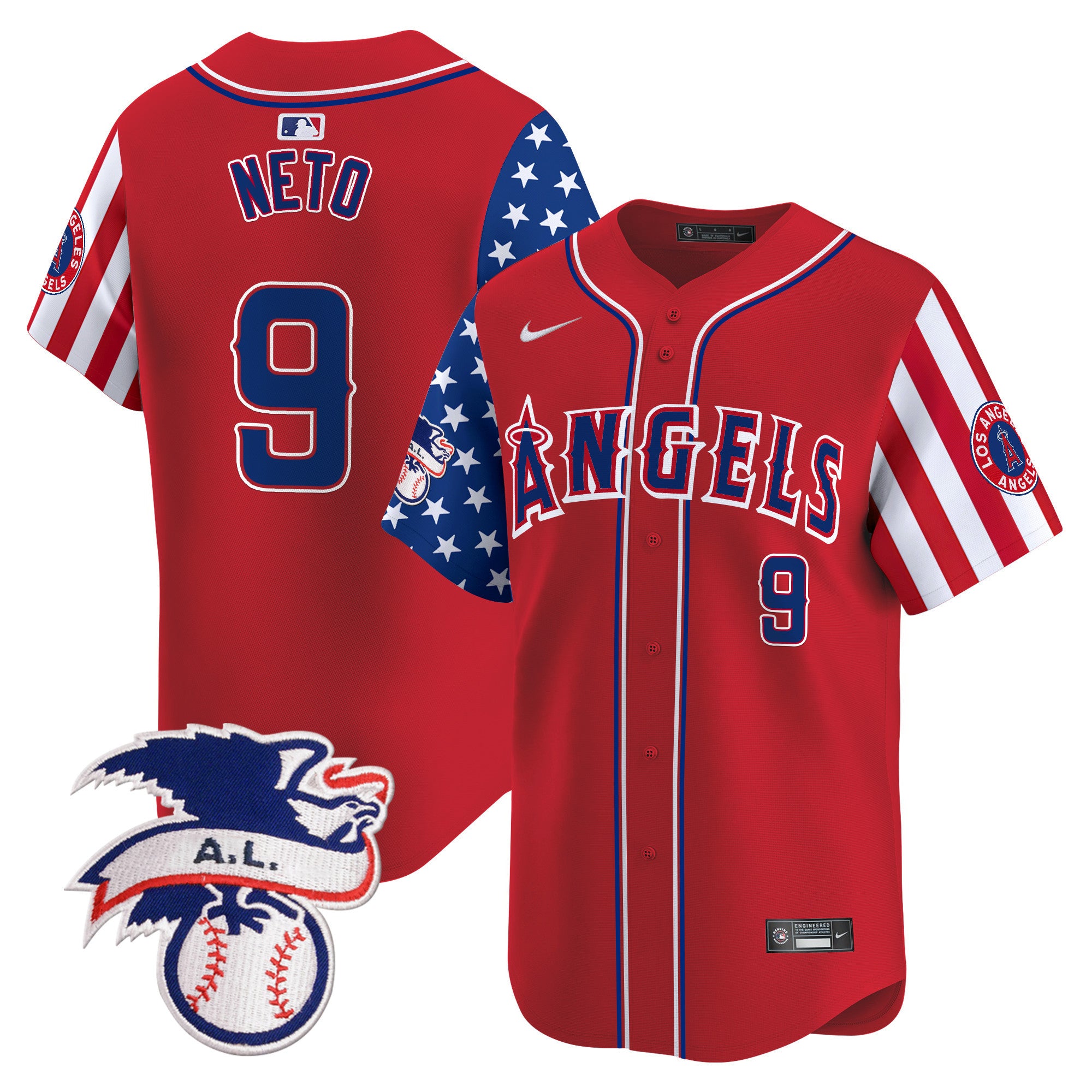 Men's Los Angeles Angels 2024 Fourth of July Vapor Premier Limited Jersey - All Stitched - Red, Zach Neto