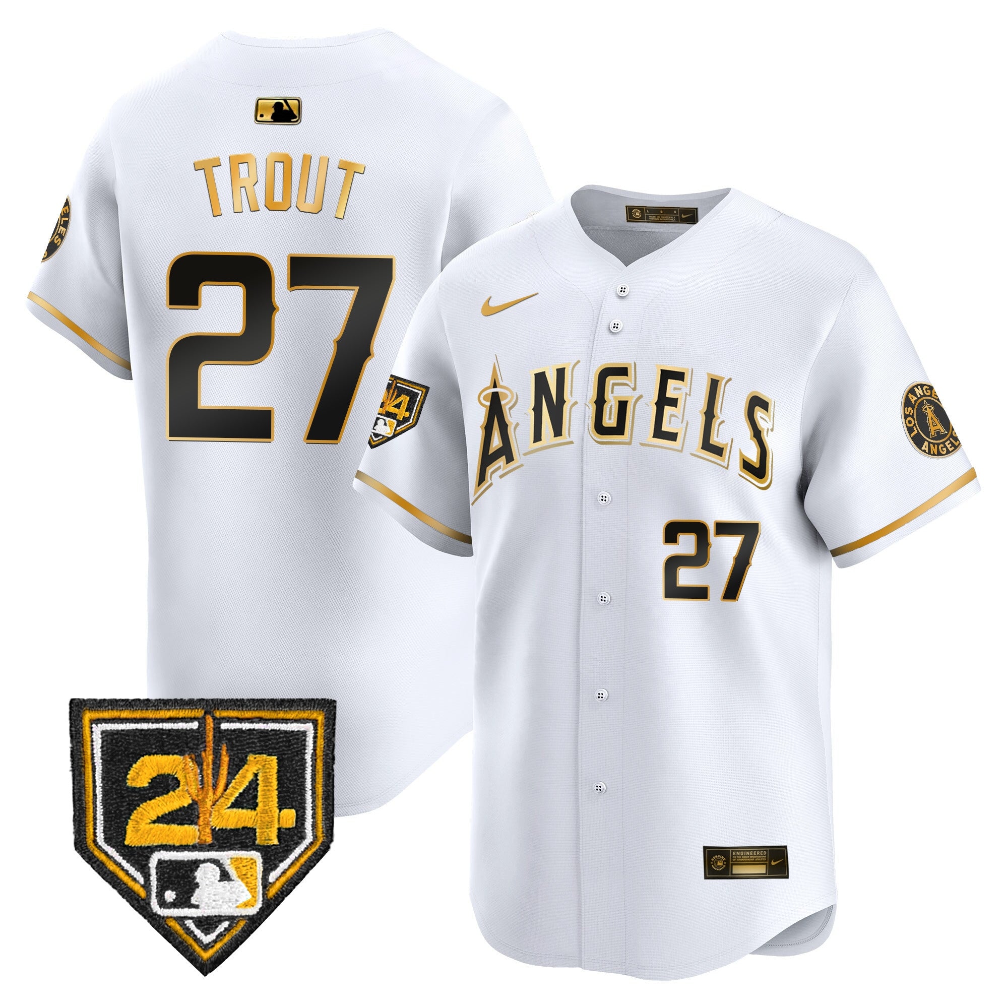 Men's Los Angeles Angels 2024 Spring Training Patch Vapor Premier Limited Jersey - All Stitched - White Gold, Mike Trout