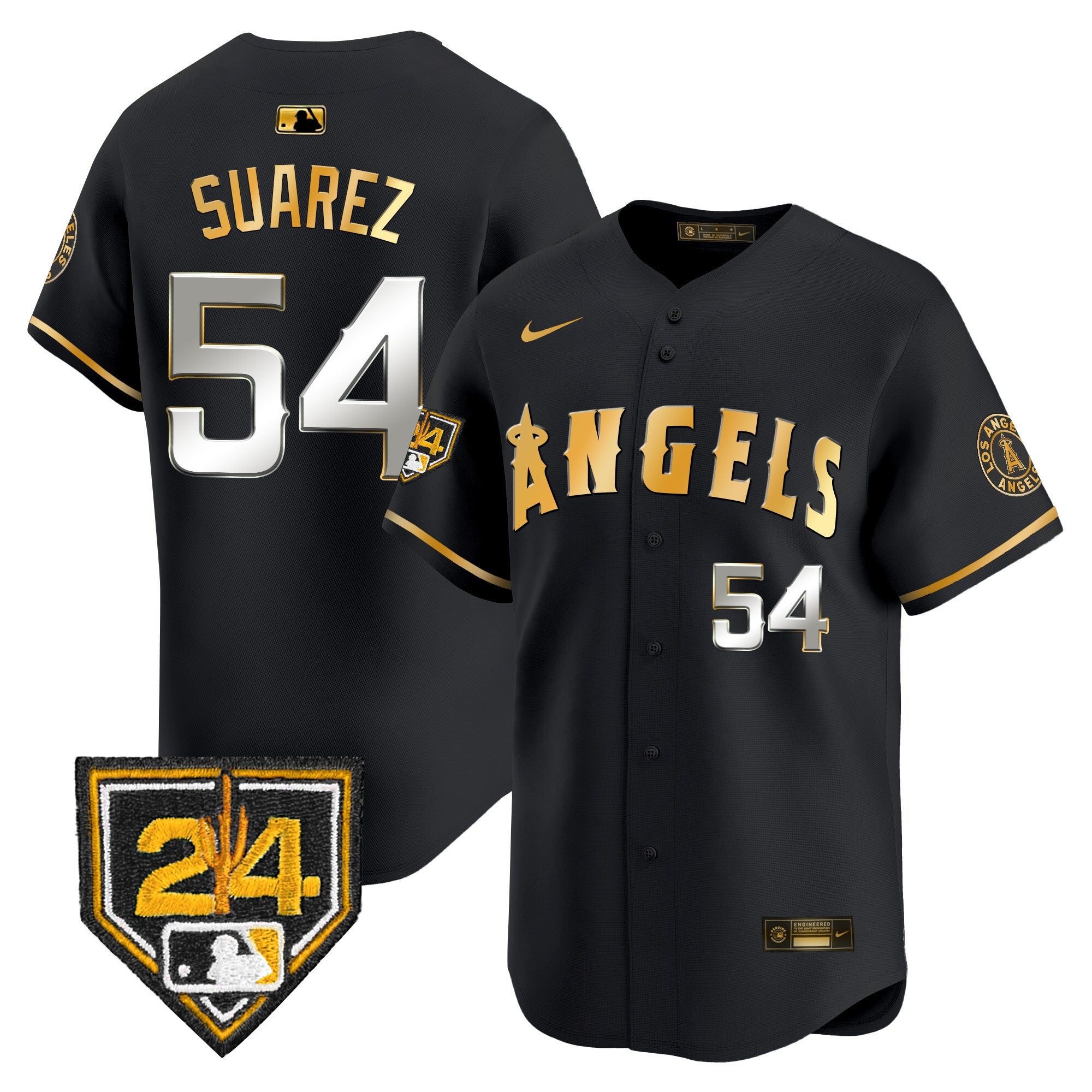 Men's Los Angeles Angels 2024 Spring Training Patch Vapor Premier Limited Jersey - All Stitched - Black Gold, José Suarez