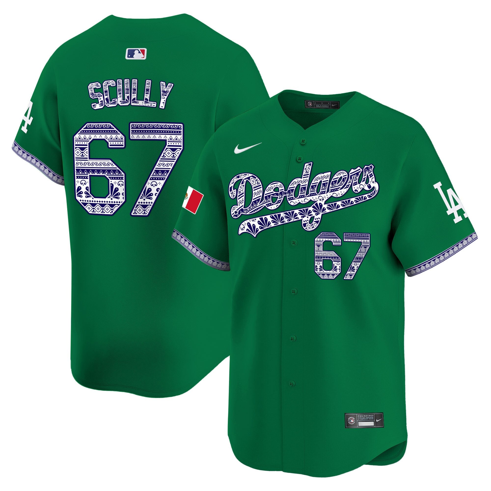 Men's Los Angeles Dodgers Mexico Vapor Premier Limited Jersey V3 - All Stitched - Green, Vin Scully