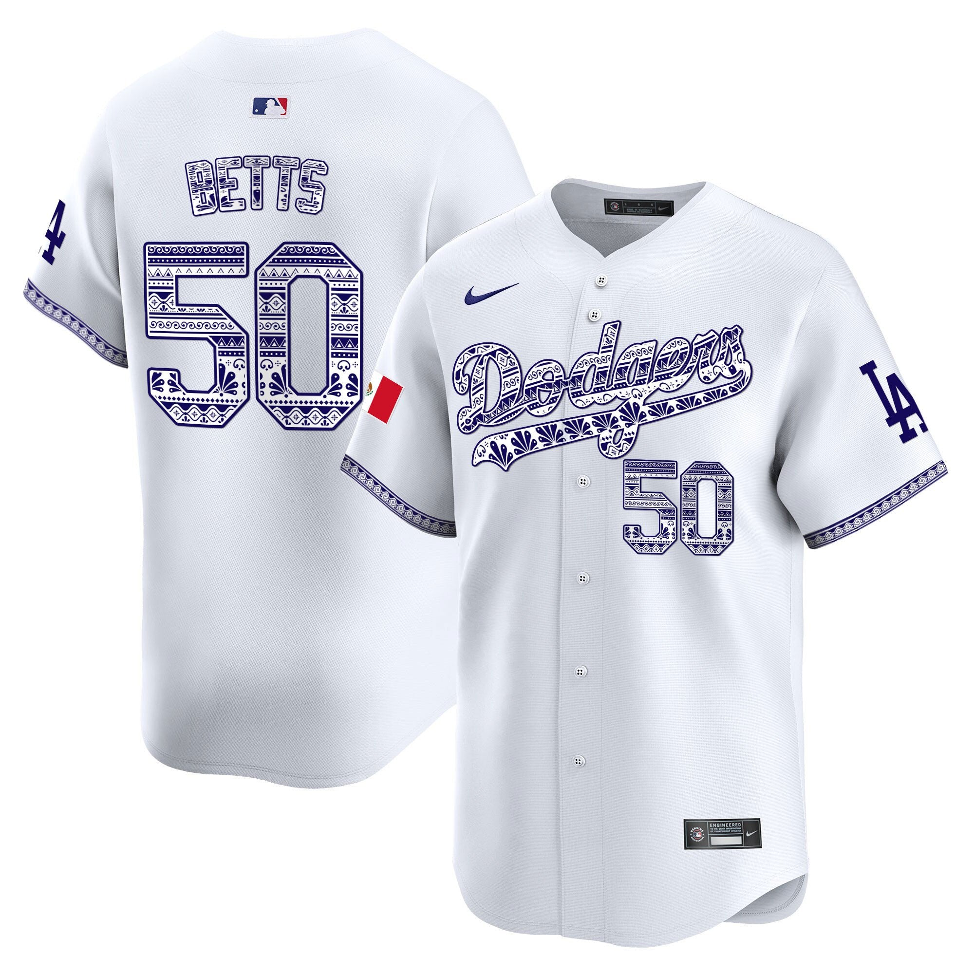 Men's Los Angeles Dodgers Mexico Vapor Premier Limited Jersey V3 - All Stitched - White, Mookie Betts