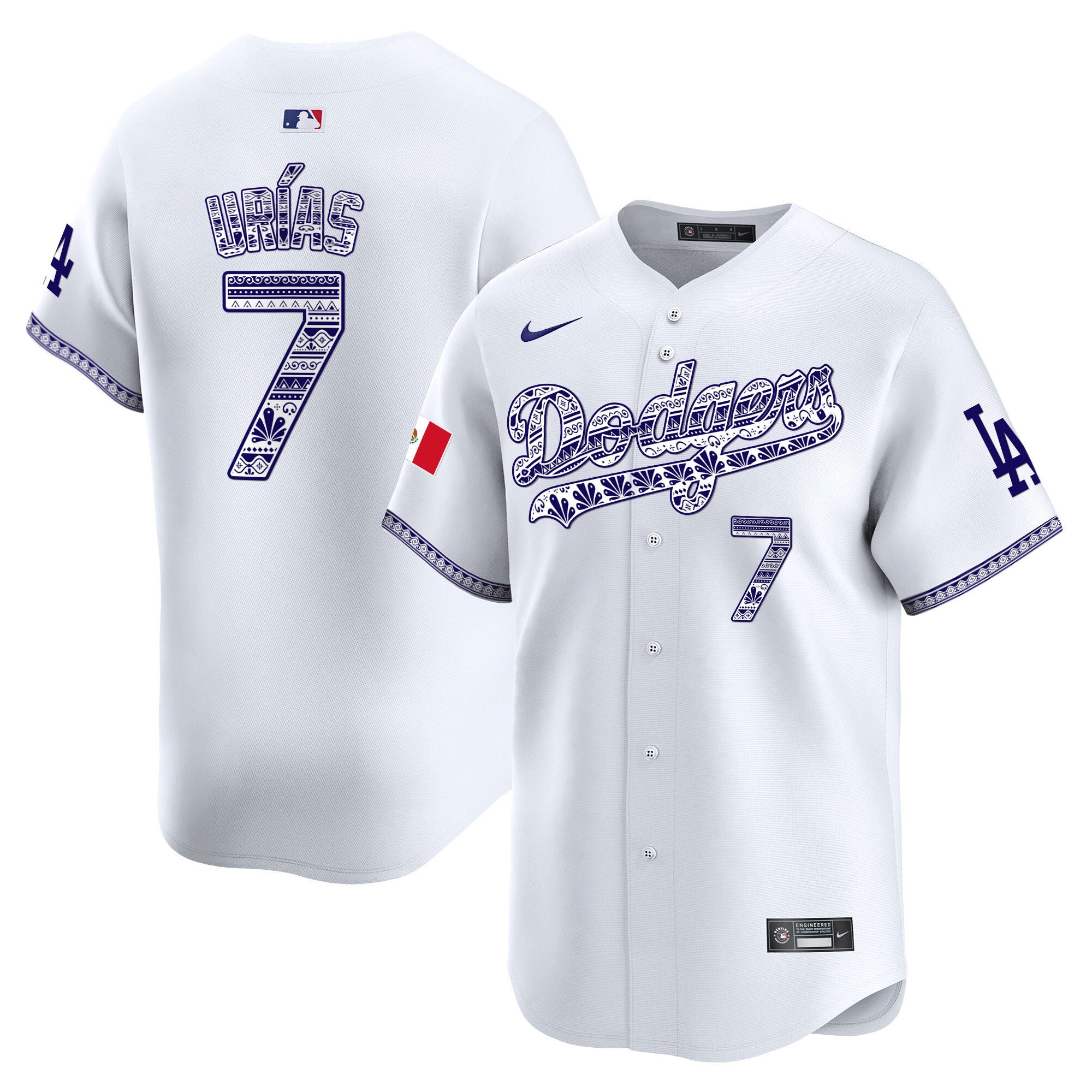 Men's Los Angeles Dodgers Mexico Vapor Premier Limited Jersey V3 - All Stitched - White, Julio Urías
