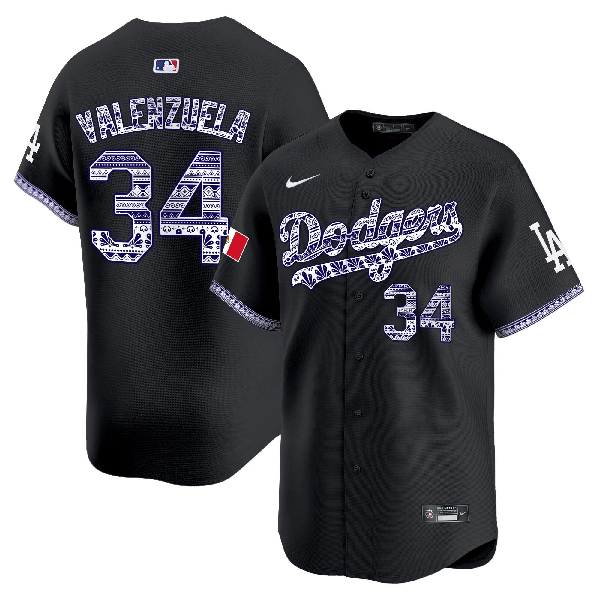 Men's Los Angeles Dodgers Mexico Vapor Premier Limited Jersey V3 - All Stitched - Black, Fernando Valenzuela